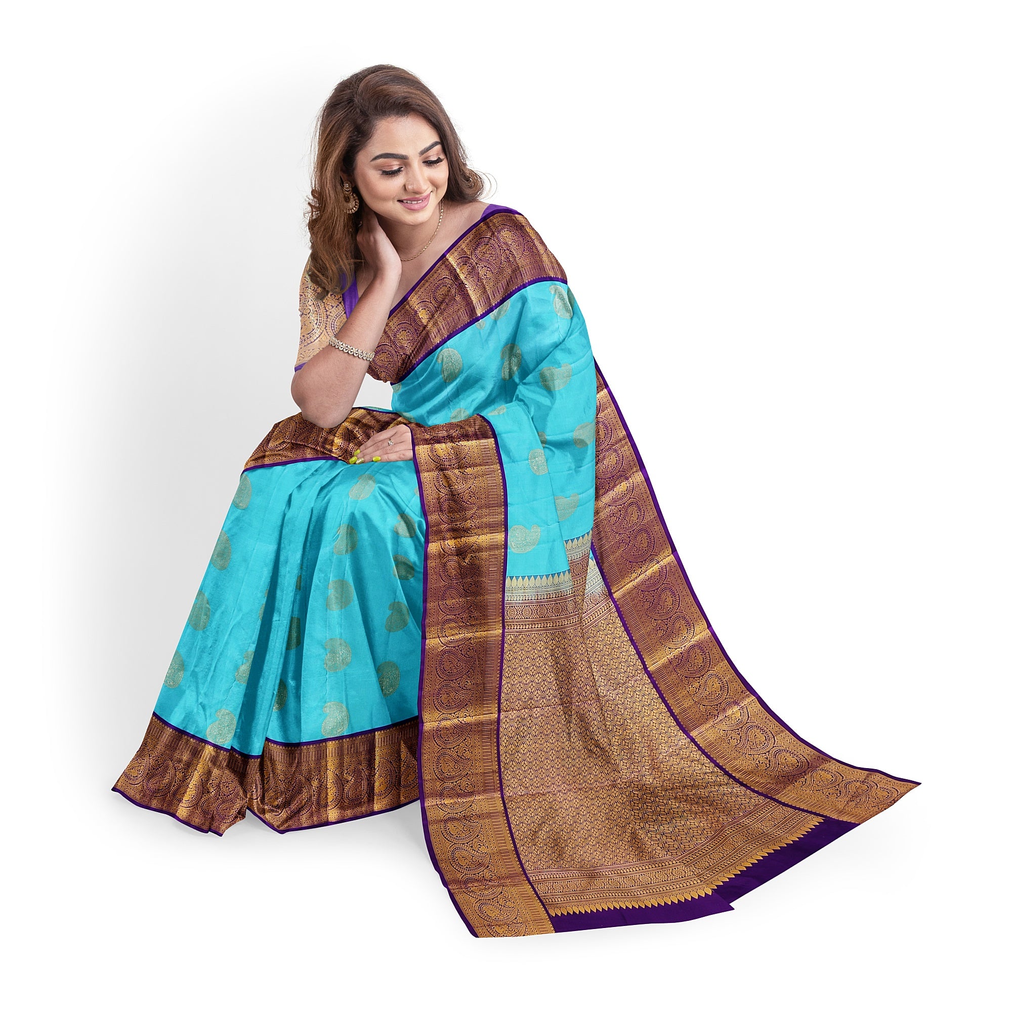 Sky Blue Kanjivaram Silk Saree with Purple Zari Border – Pure Handloom Bridal Saree Online - New Sudarshan Silks`