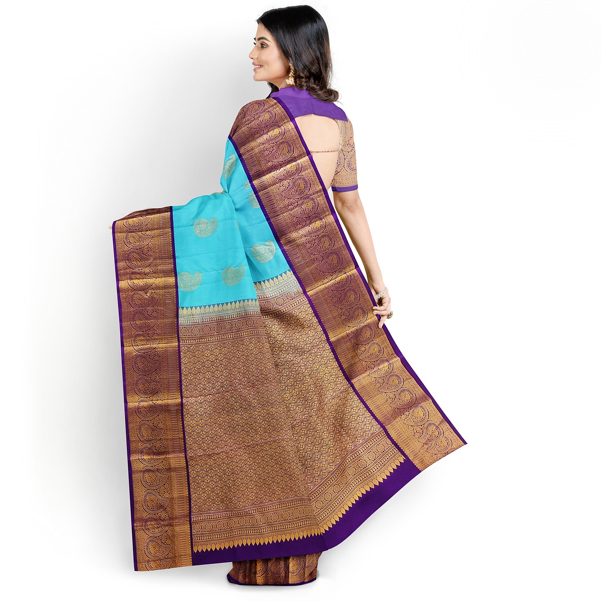 Sky Blue Kanjivaram Silk Saree with Purple Zari Border – Pure Handloom Bridal Saree Online - New Sudarshan Silks`