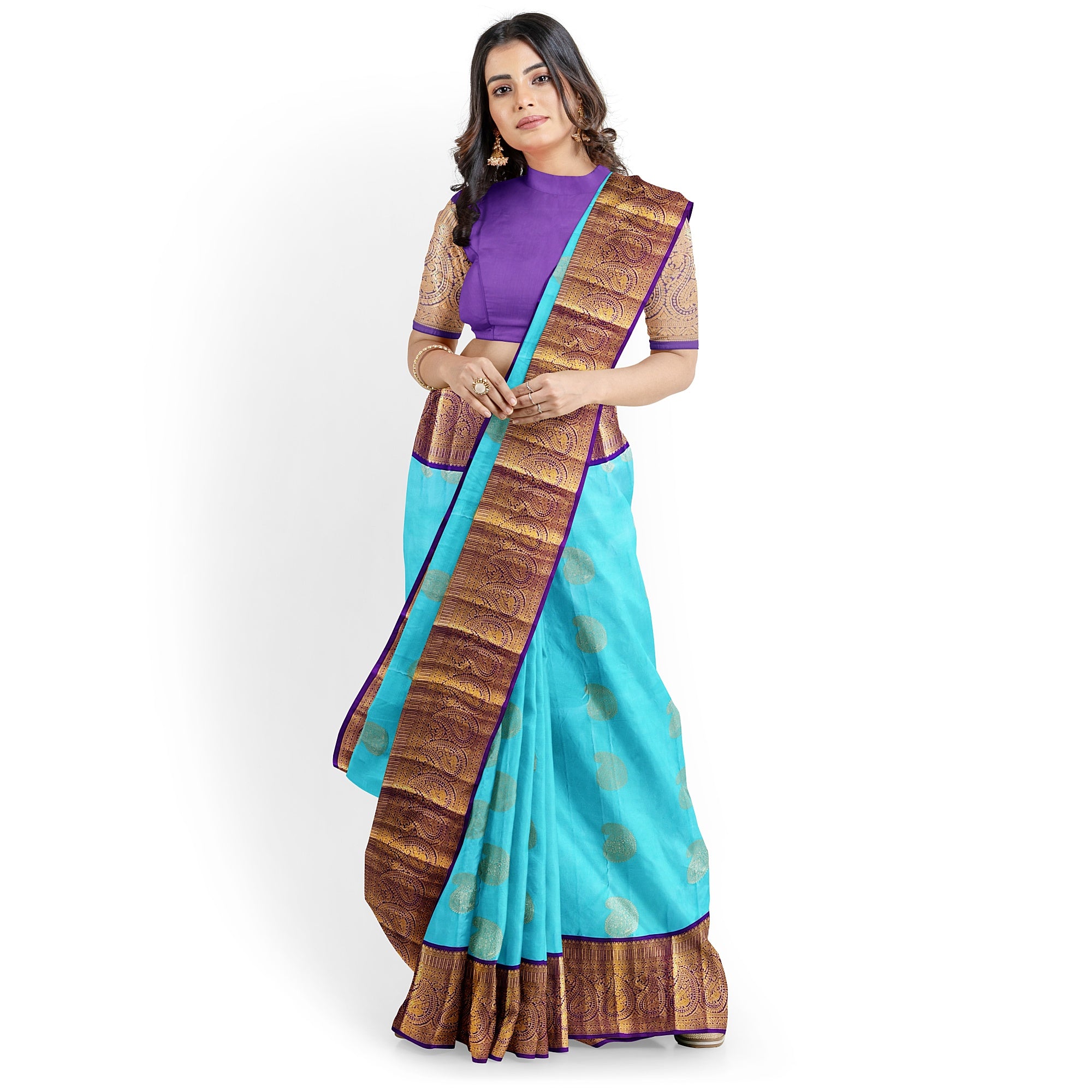 Sky Blue Kanjivaram Silk Saree with Purple Zari Border – Pure Handloom Bridal Saree Online - New Sudarshan Silks`