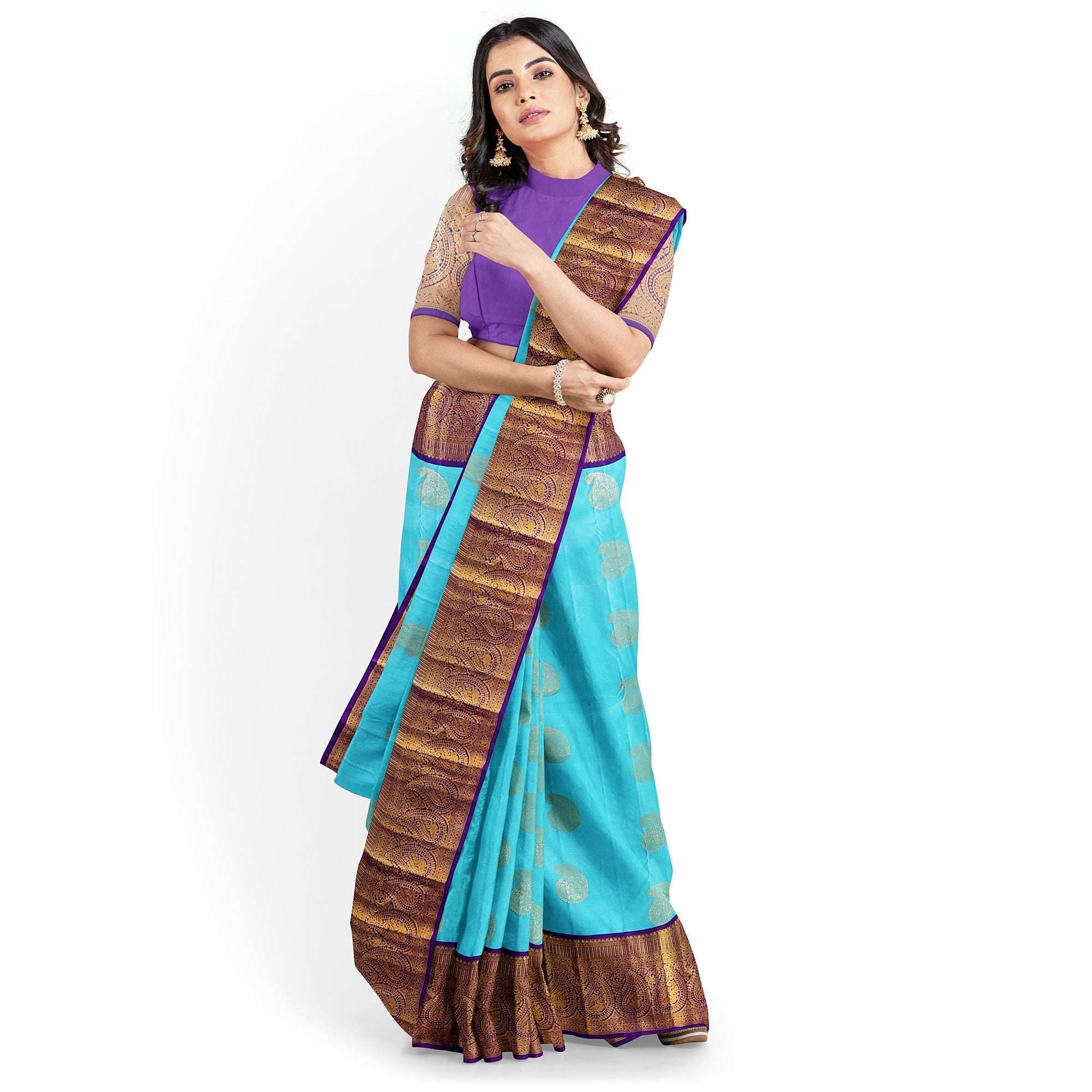 Sky Blue Kanjivaram Silk Saree with Purple Zari Border – Pure Handloom Bridal Saree Online - New Sudarshan Silks`