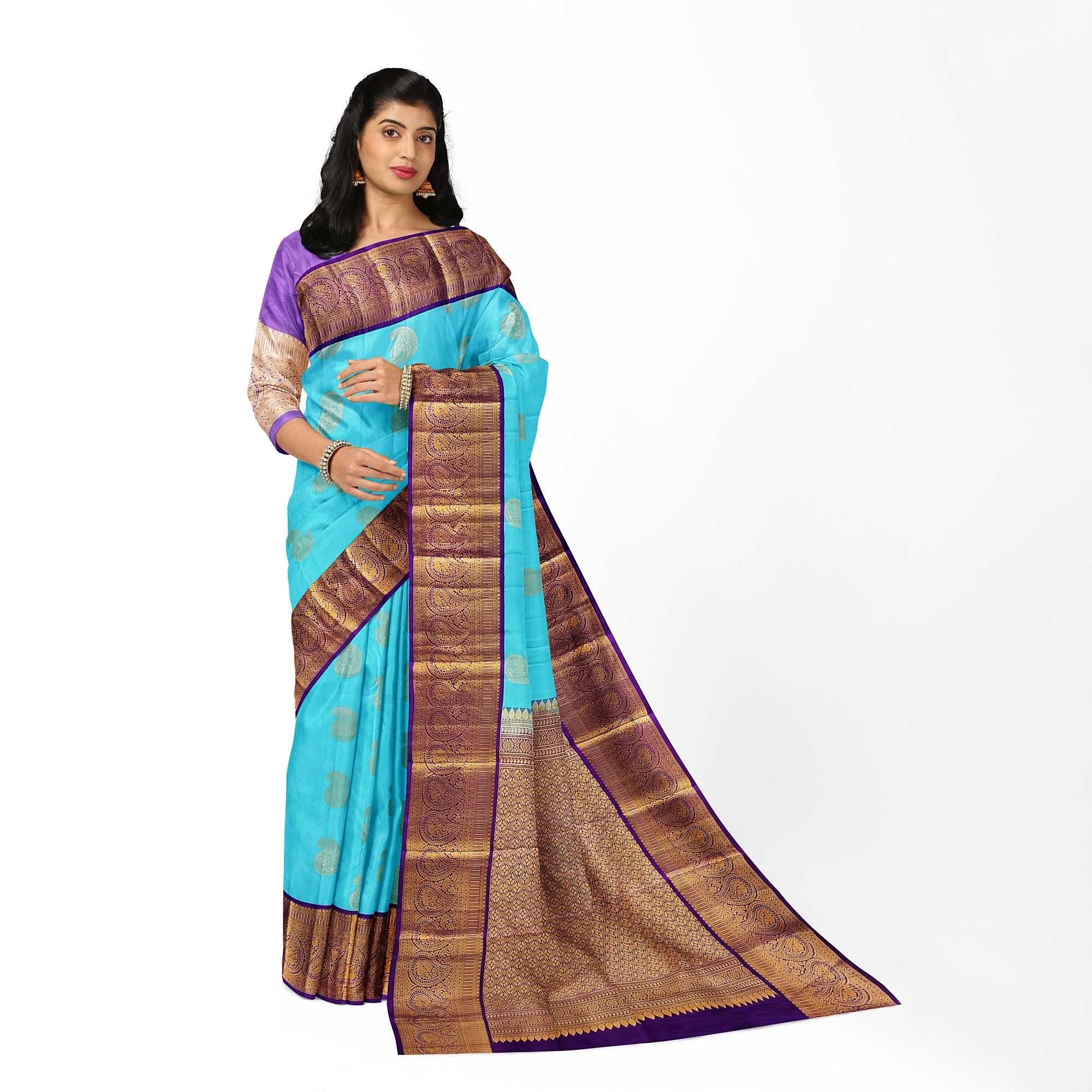 Sky Blue Kanjivaram Silk Saree with Purple Zari Border – Pure Handloom Bridal Saree Online - New Sudarshan Silks`