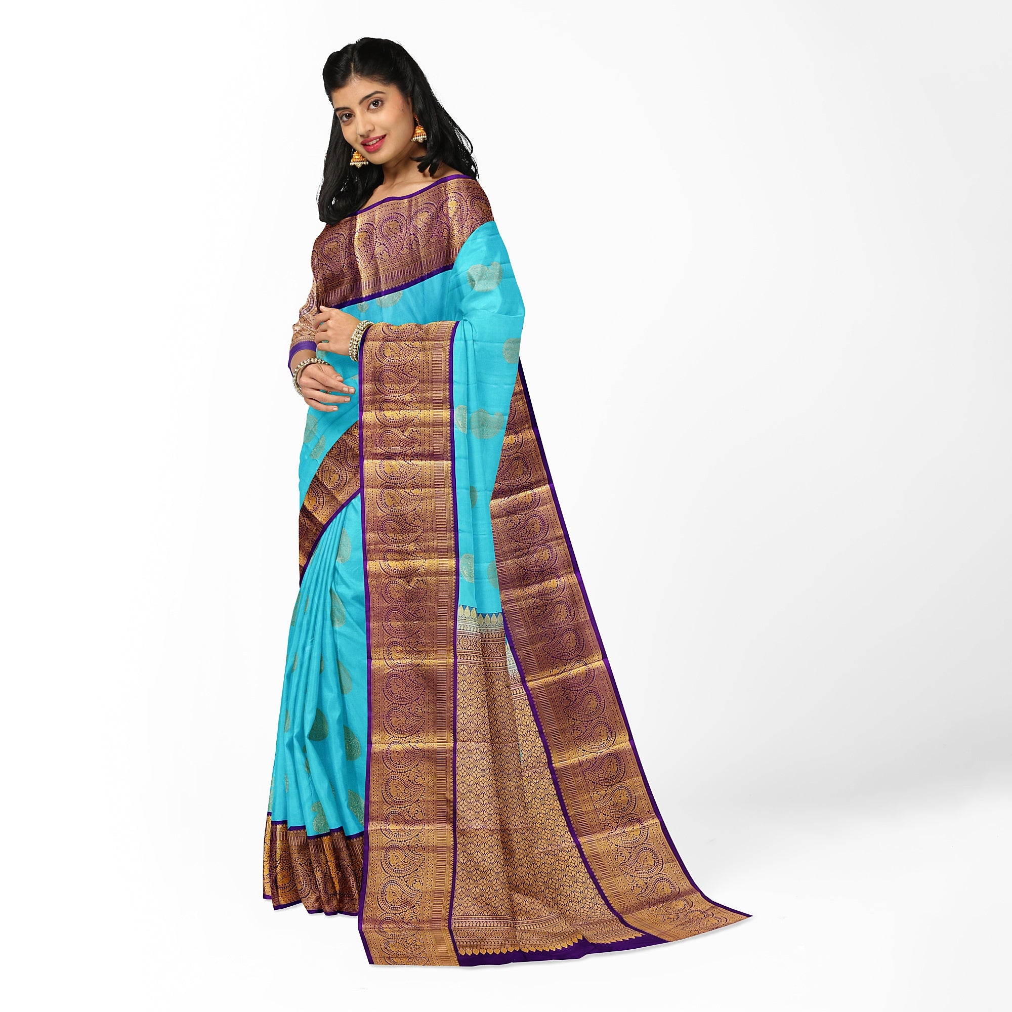 Sky Blue Kanjivaram Silk Saree with Purple Zari Border – Pure Handloom Bridal Saree Online - New Sudarshan Silks`