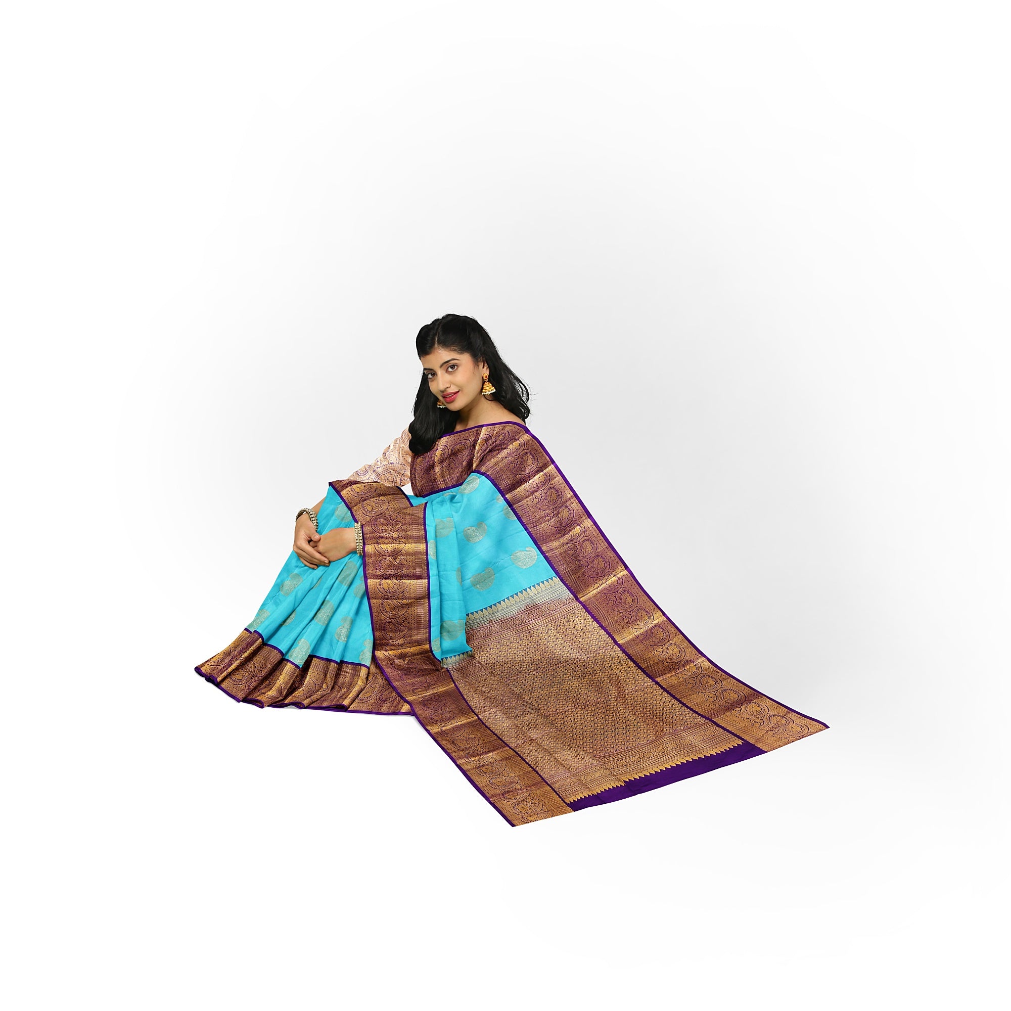 Sky Blue Kanjivaram Silk Saree with Purple Zari Border – Pure Handloom Bridal Saree Online - New Sudarshan Silks`