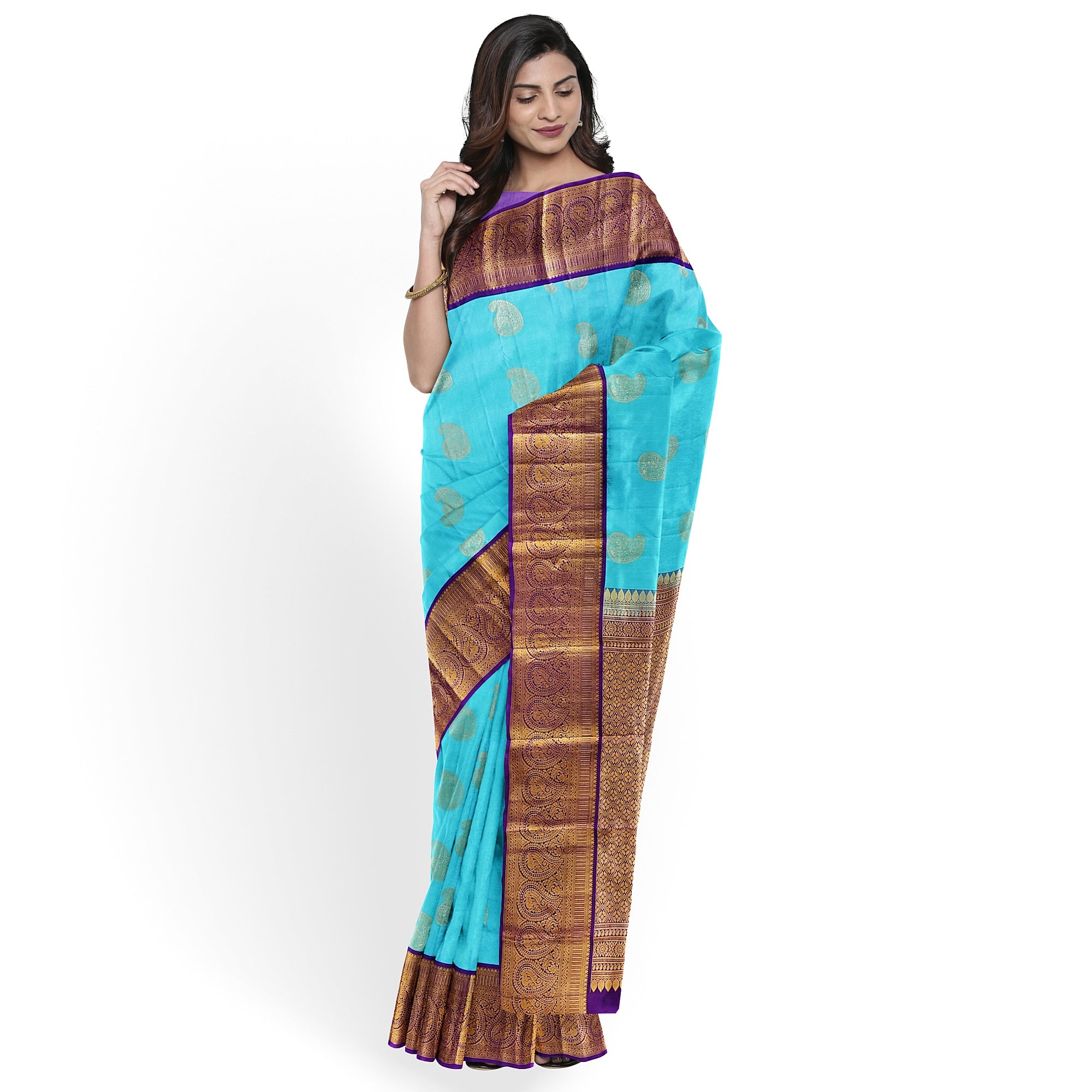 Sky Blue Kanjivaram Silk Saree with Purple Zari Border – Pure Handloom Bridal Saree Online - New Sudarshan Silks`