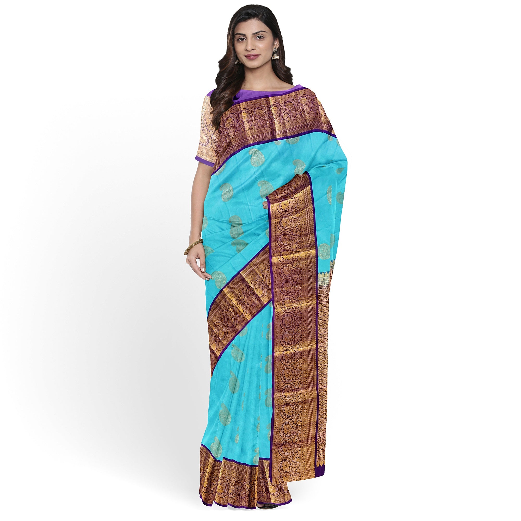 Sky Blue Kanjivaram Silk Saree with Purple Zari Border – Pure Handloom Bridal Saree Online - New Sudarshan Silks`