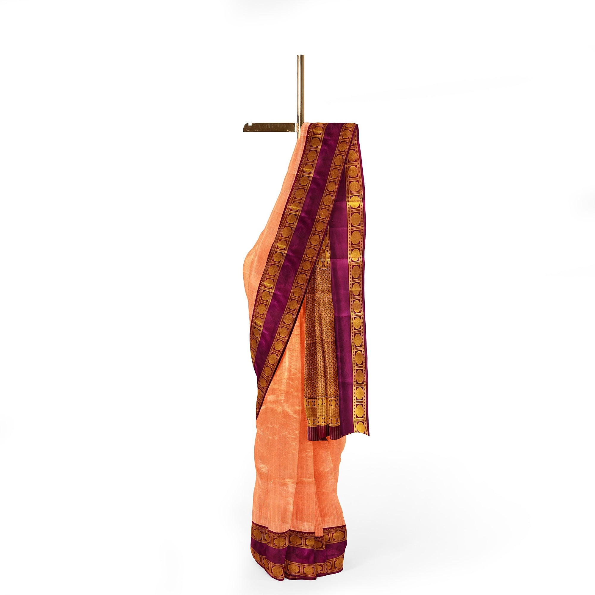 Peach Checked Kanjivaram Silk Saree with Maroon Bentex Border – Traditional Handloom Saree Online - New Sudarshan Silks`