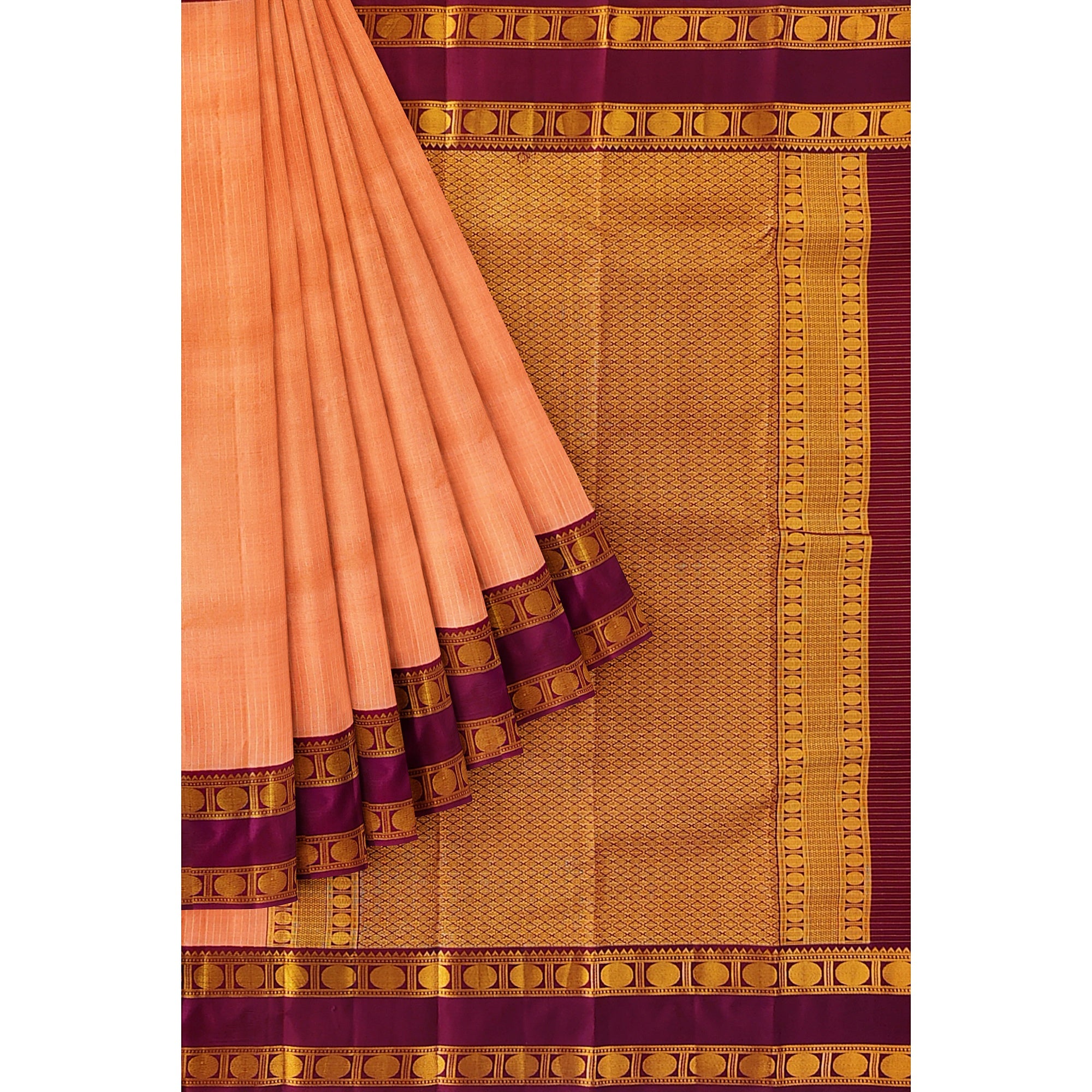 Peach Checked Kanjivaram Silk Saree with Maroon Bentex Border – Traditional Handloom Saree Online - New Sudarshan Silks`