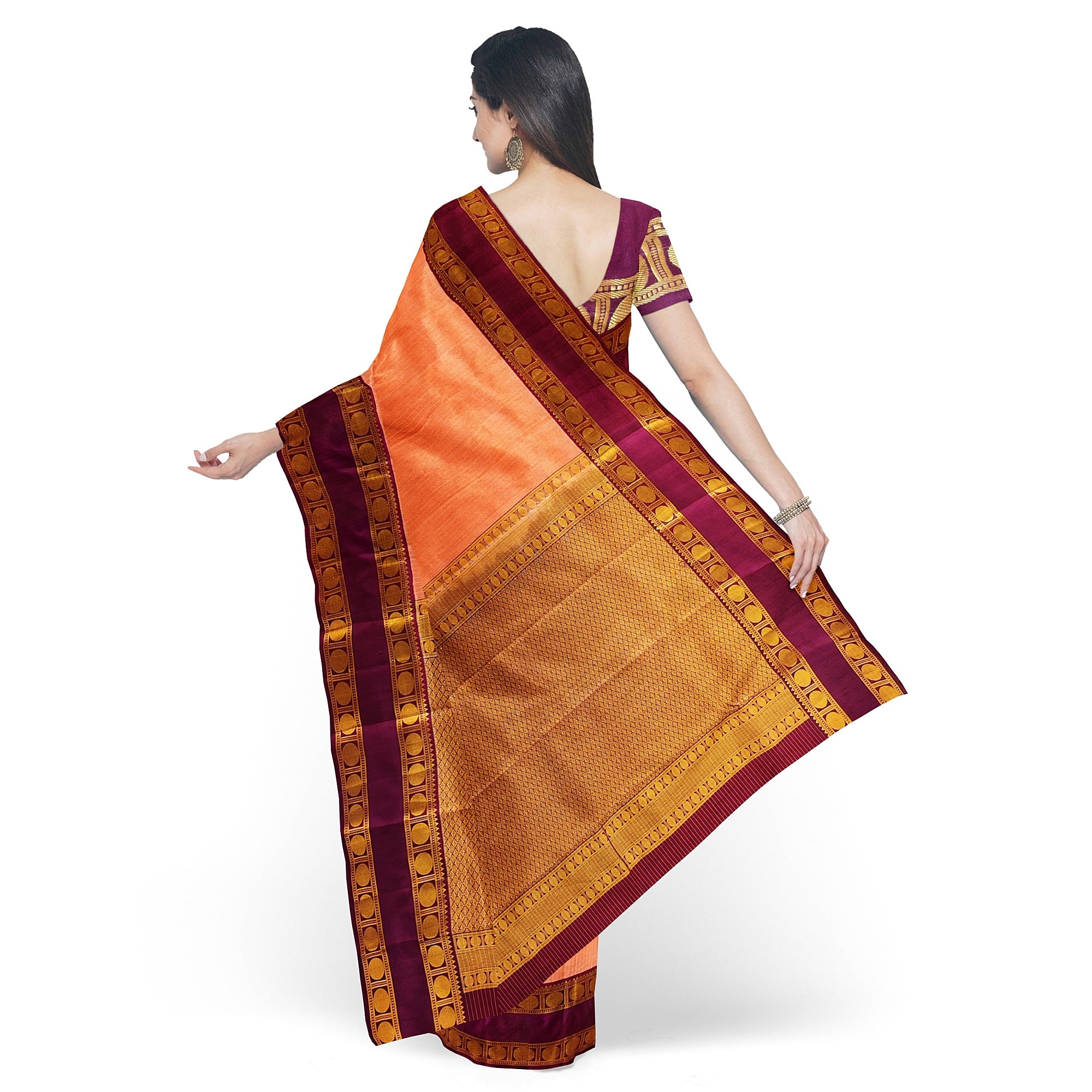 Peach Checked Kanjivaram Silk Saree with Maroon Bentex Border – Traditional Handloom Saree Online - New Sudarshan Silks`