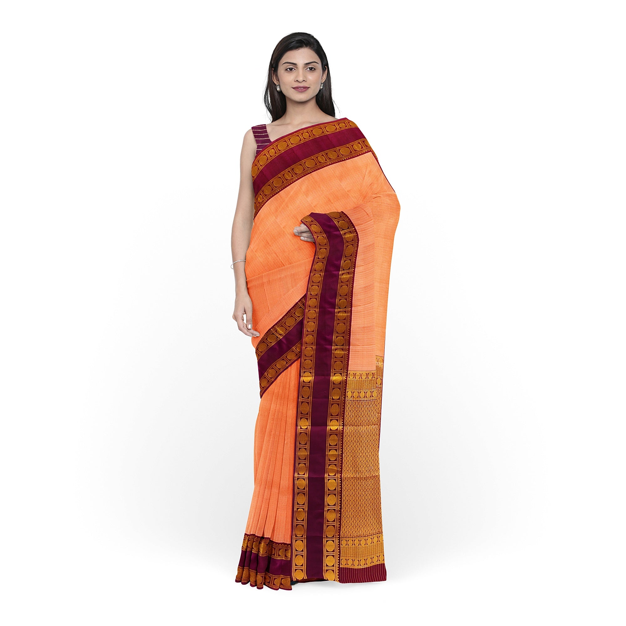 Peach Checked Kanjivaram Silk Saree with Maroon Bentex Border – Traditional Handloom Saree Online - New Sudarshan Silks`