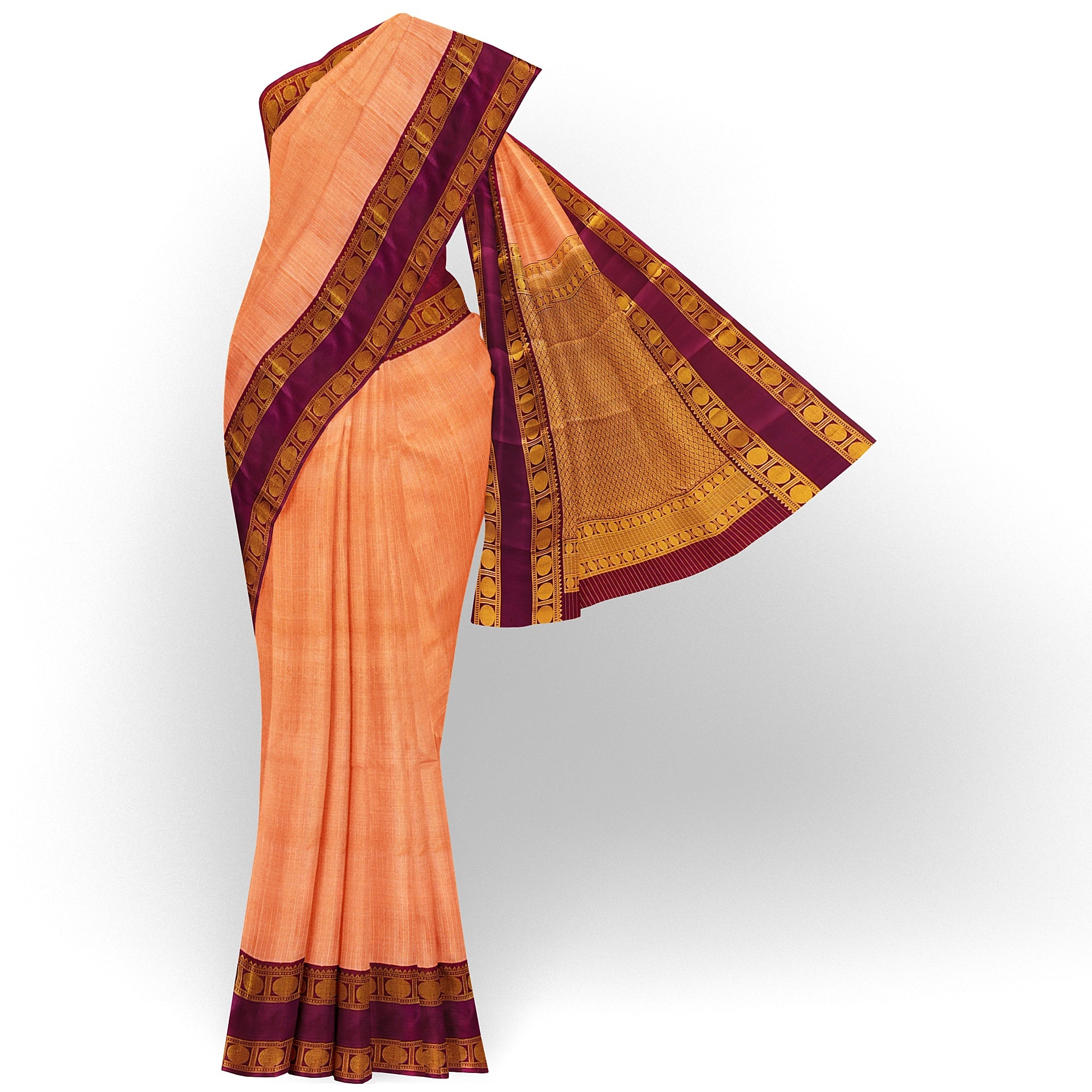 Peach Checked Kanjivaram Silk Saree with Maroon Bentex Border – Traditional Handloom Saree Online - New Sudarshan Silks`