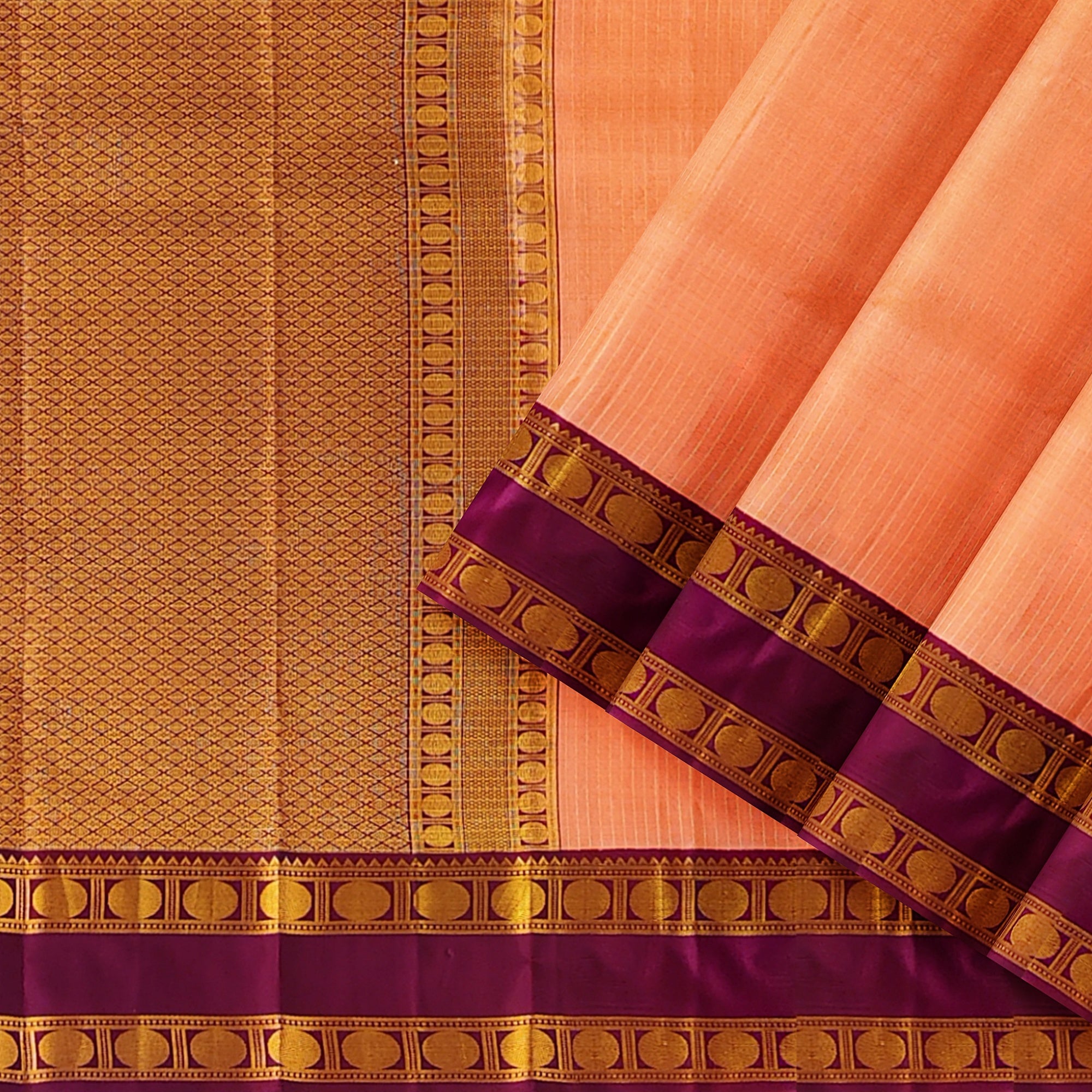 Peach Checked Kanjivaram Silk Saree with Maroon Bentex Border – Traditional Handloom Saree Online - New Sudarshan Silks`