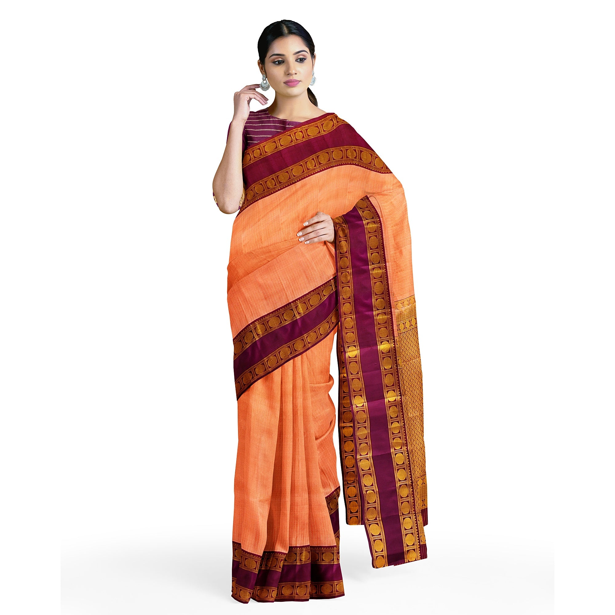 Peach Checked Kanjivaram Silk Saree with Maroon Bentex Border – Traditional Handloom Saree Online - New Sudarshan Silks`