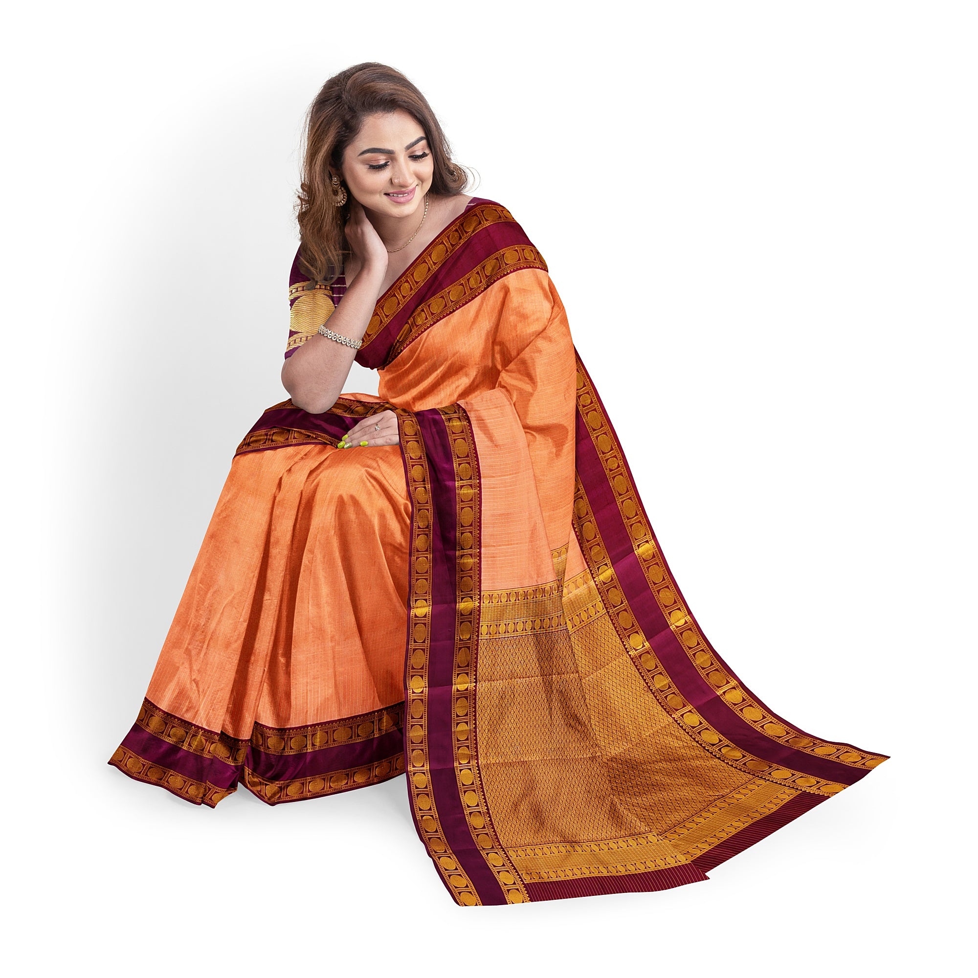 Peach Checked Kanjivaram Silk Saree with Maroon Bentex Border – Traditional Handloom Saree Online - New Sudarshan Silks`
