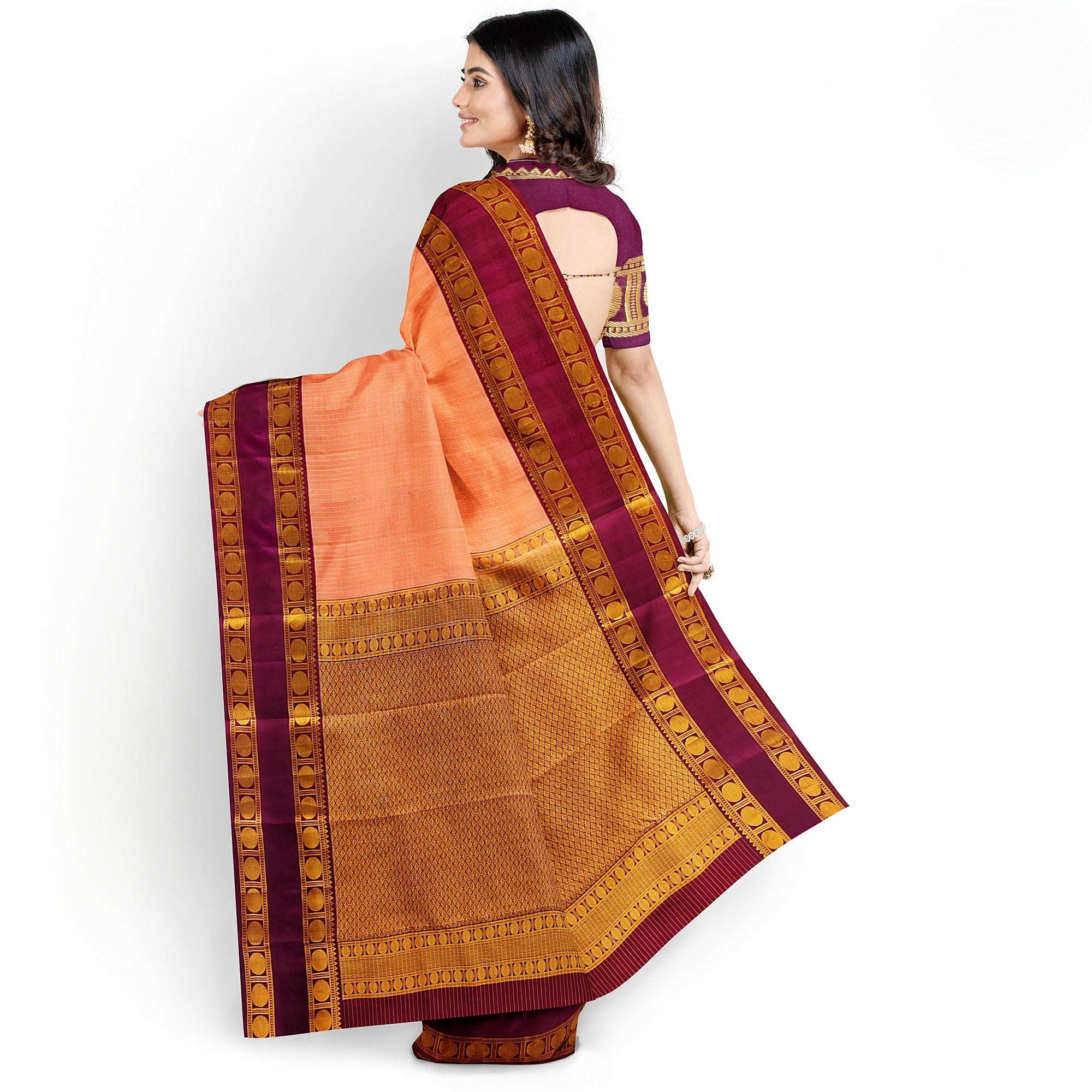 Peach Checked Kanjivaram Silk Saree with Maroon Bentex Border – Traditional Handloom Saree Online - New Sudarshan Silks`