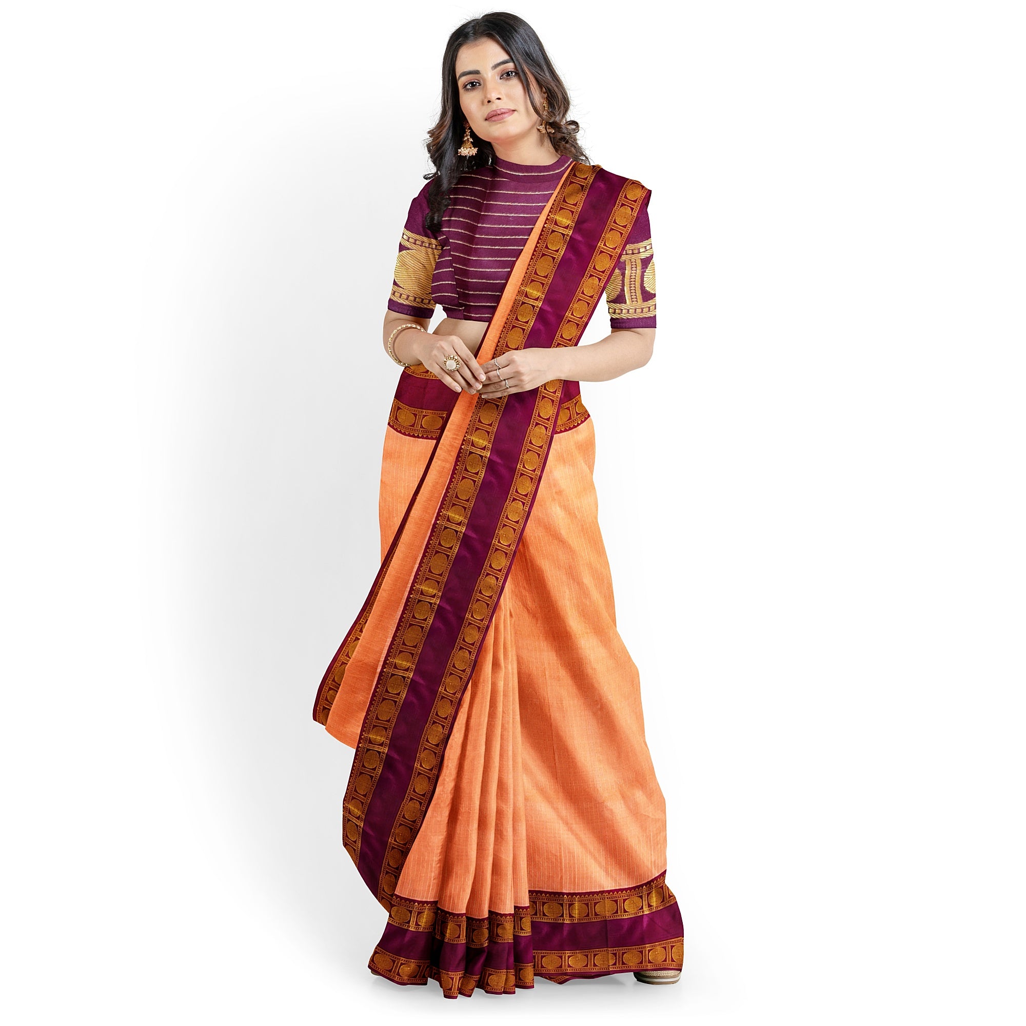 Peach Checked Kanjivaram Silk Saree with Maroon Bentex Border – Traditional Handloom Saree Online - New Sudarshan Silks`