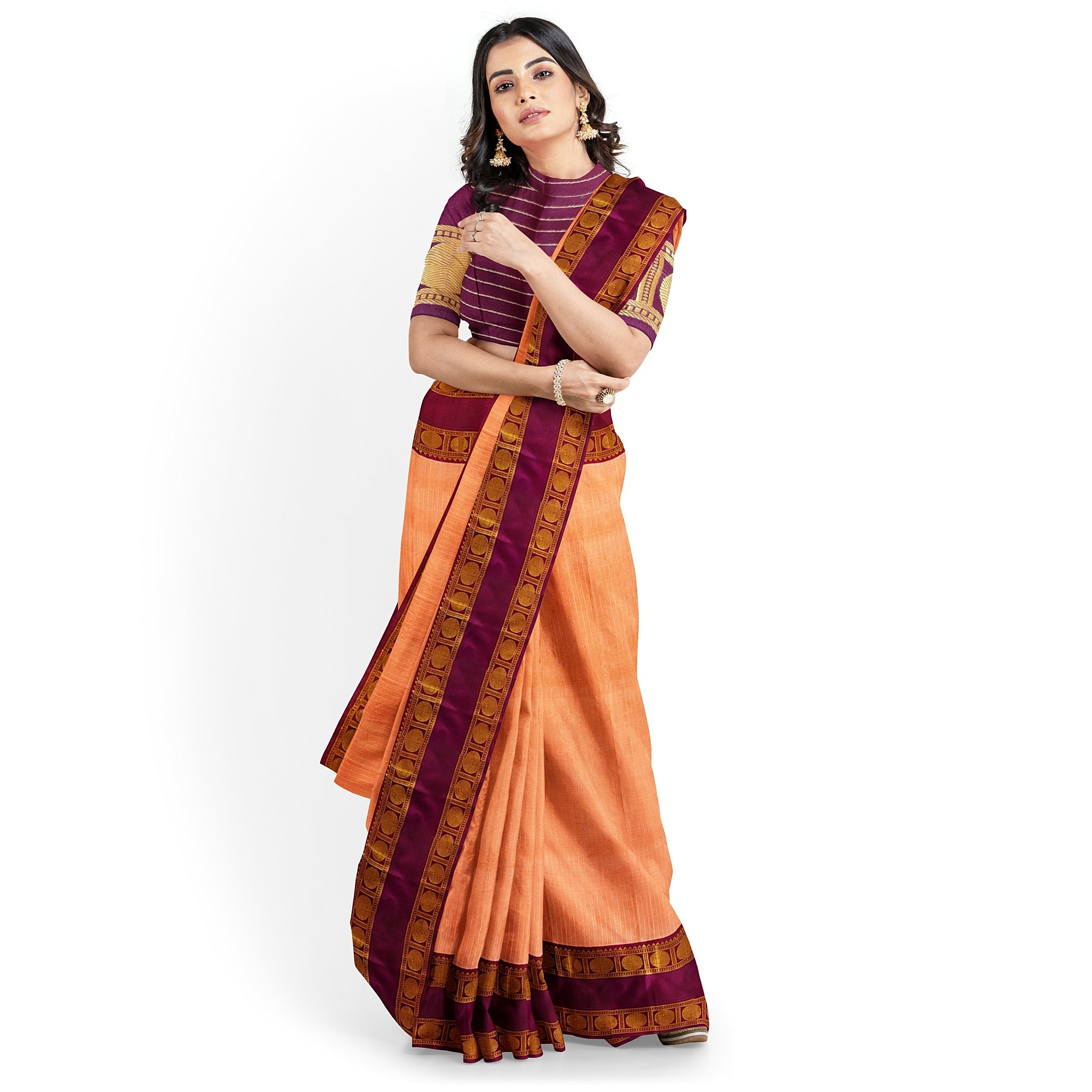 Peach Checked Kanjivaram Silk Saree with Maroon Bentex Border – Traditional Handloom Saree Online - New Sudarshan Silks`