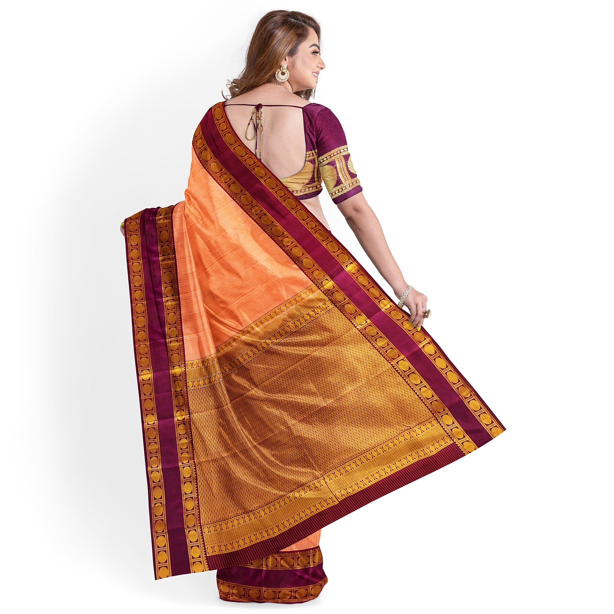 Peach Checked Kanjivaram Silk Saree with Maroon Bentex Border – Traditional Handloom Saree Online - New Sudarshan Silks`