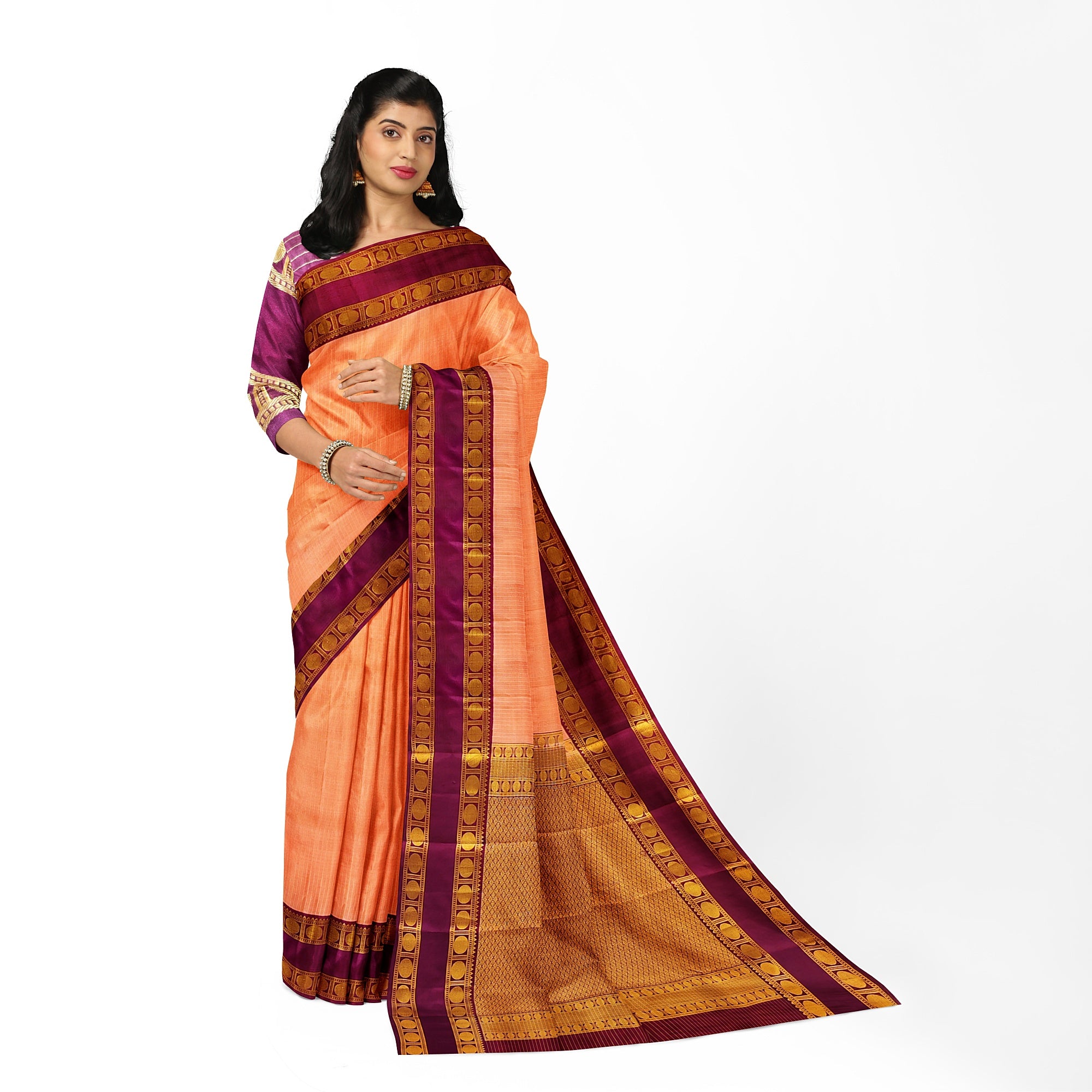 Peach Checked Kanjivaram Silk Saree with Maroon Bentex Border – Traditional Handloom Saree Online - New Sudarshan Silks`