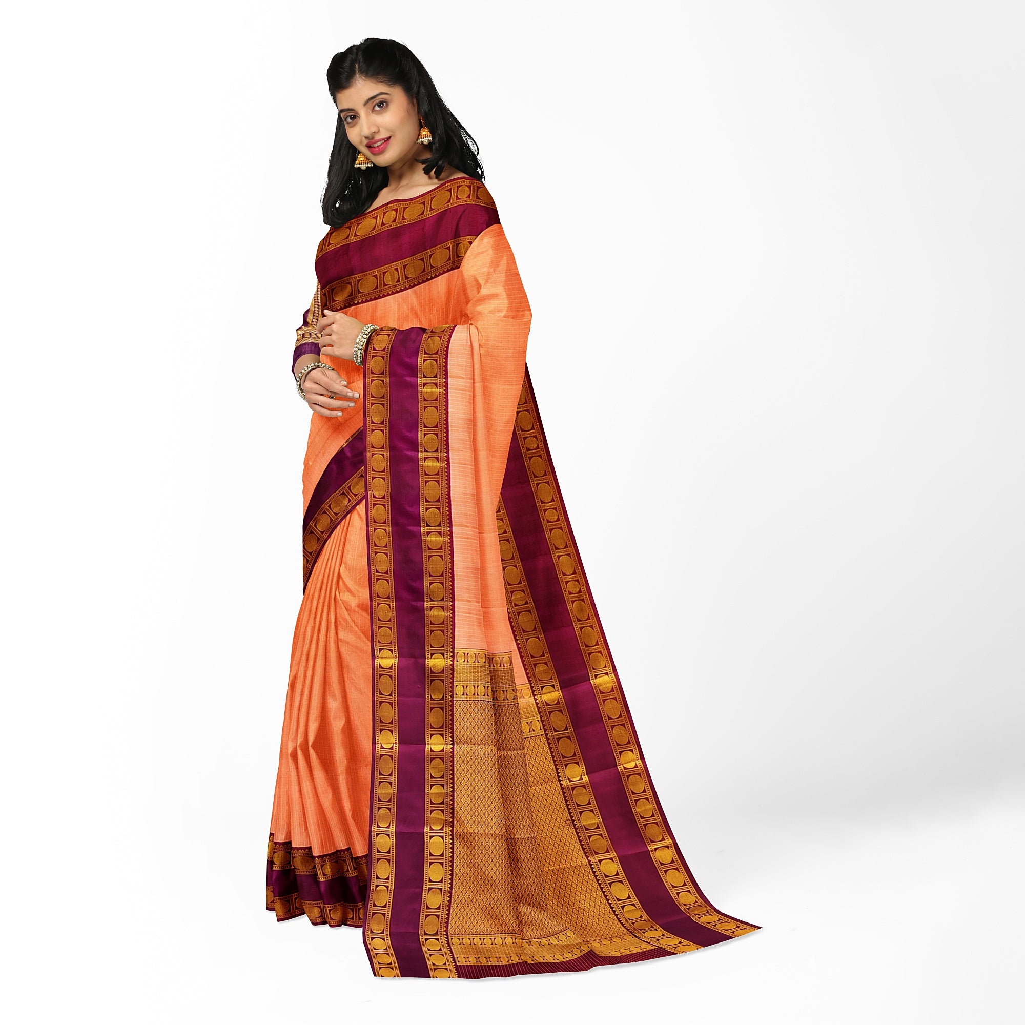 Peach Checked Kanjivaram Silk Saree with Maroon Bentex Border – Traditional Handloom Saree Online - New Sudarshan Silks`
