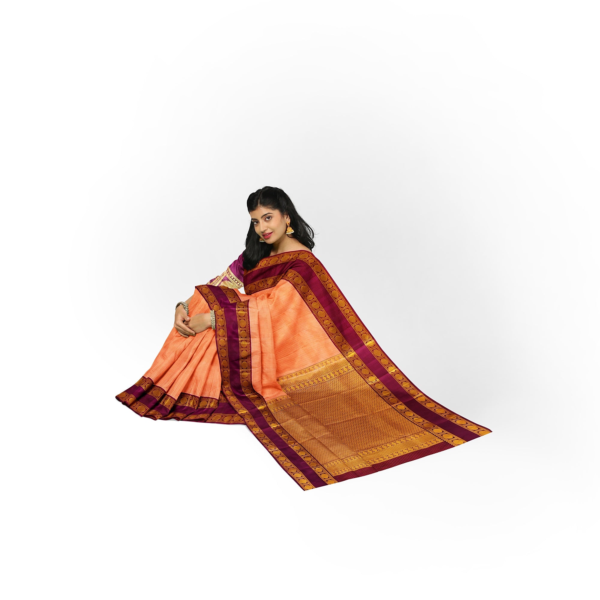 Peach Checked Kanjivaram Silk Saree with Maroon Bentex Border – Traditional Handloom Saree Online - New Sudarshan Silks`