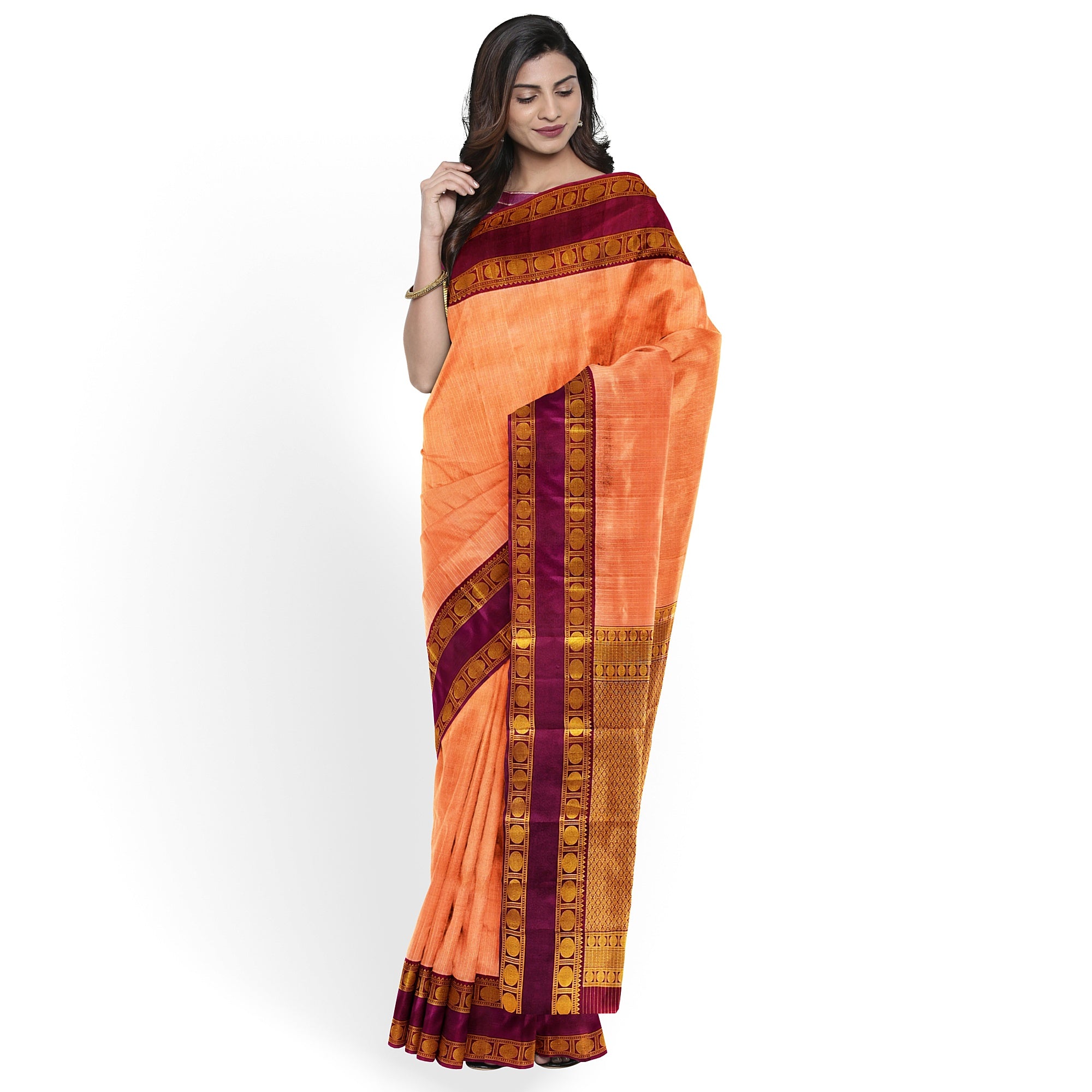 Peach Checked Kanjivaram Silk Saree with Maroon Bentex Border – Traditional Handloom Saree Online - New Sudarshan Silks`