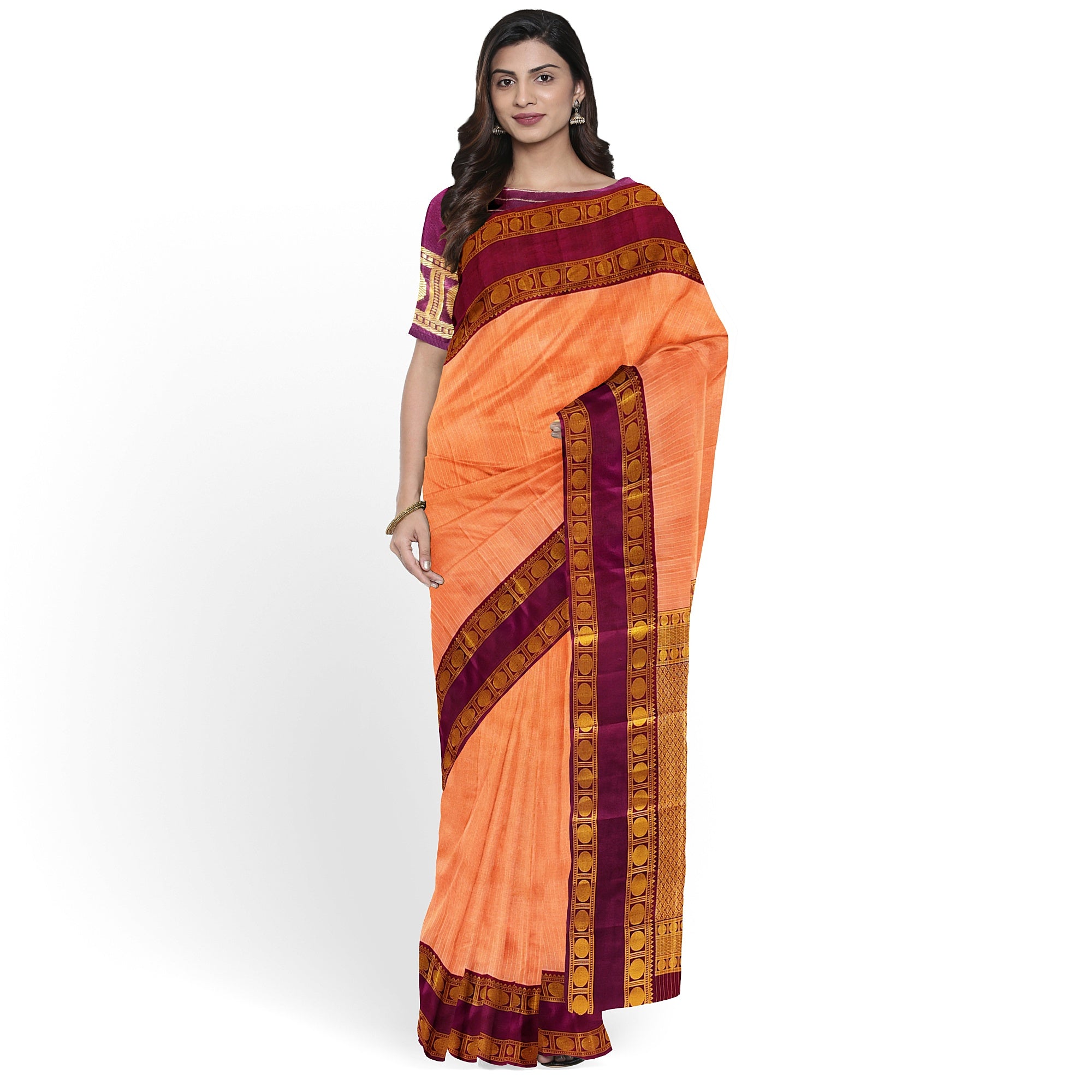 Peach Checked Kanjivaram Silk Saree with Maroon Bentex Border – Traditional Handloom Saree Online - New Sudarshan Silks`