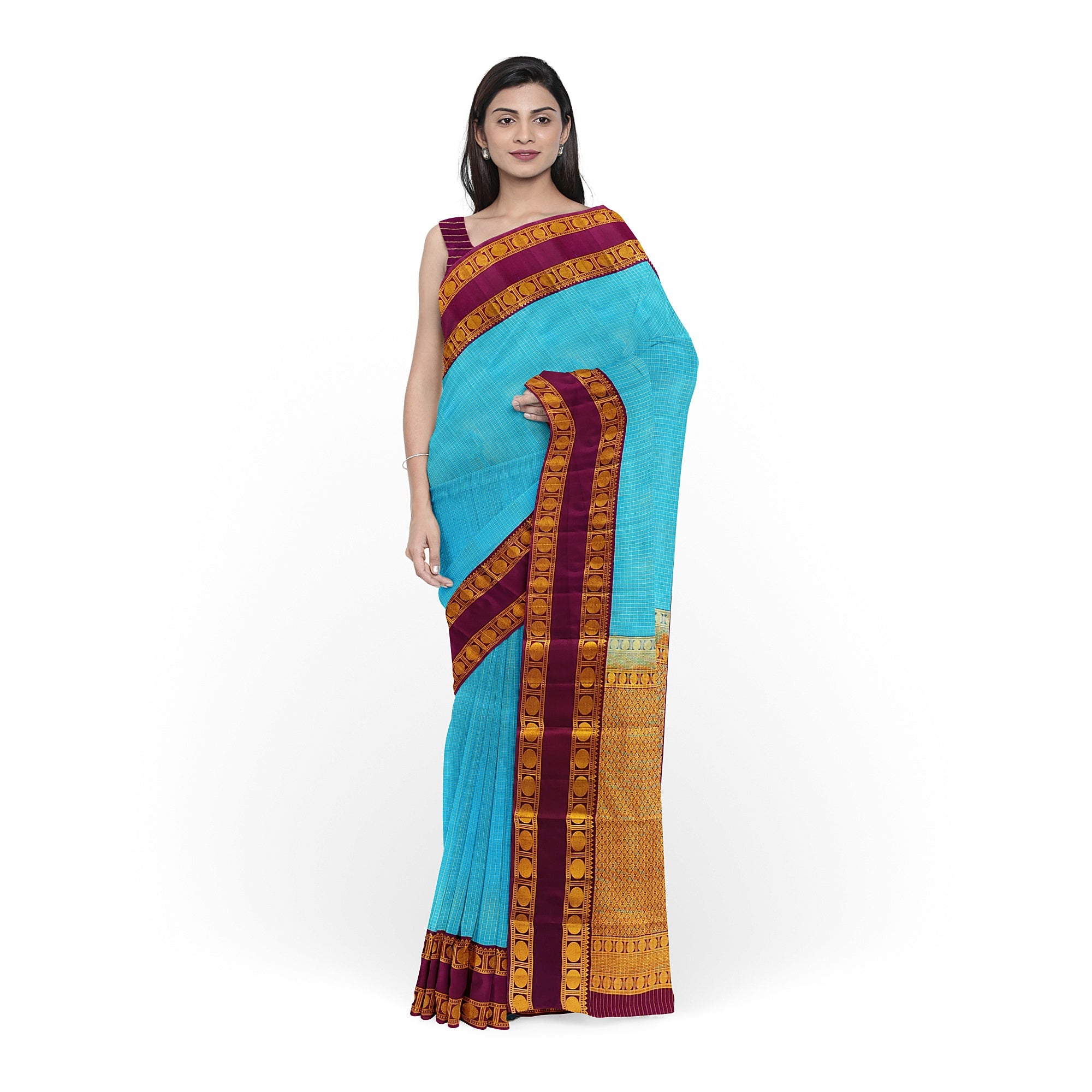 Blue Kanjivaram Silk Saree with maroon Zari Border – Pure Handloom Bridal Saree Online - New Sudarshan Silks`