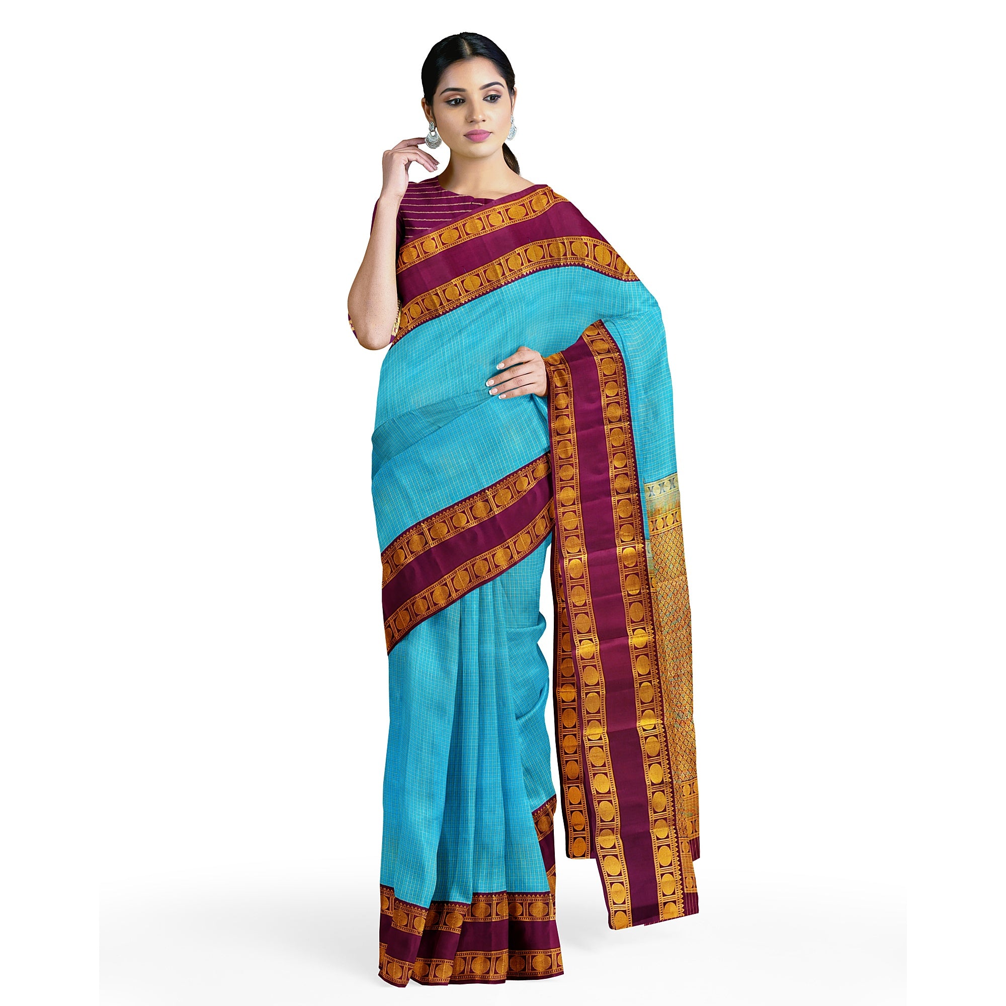 Blue Kanjivaram Silk Saree with maroon Zari Border – Pure Handloom Bridal Saree Online - New Sudarshan Silks`