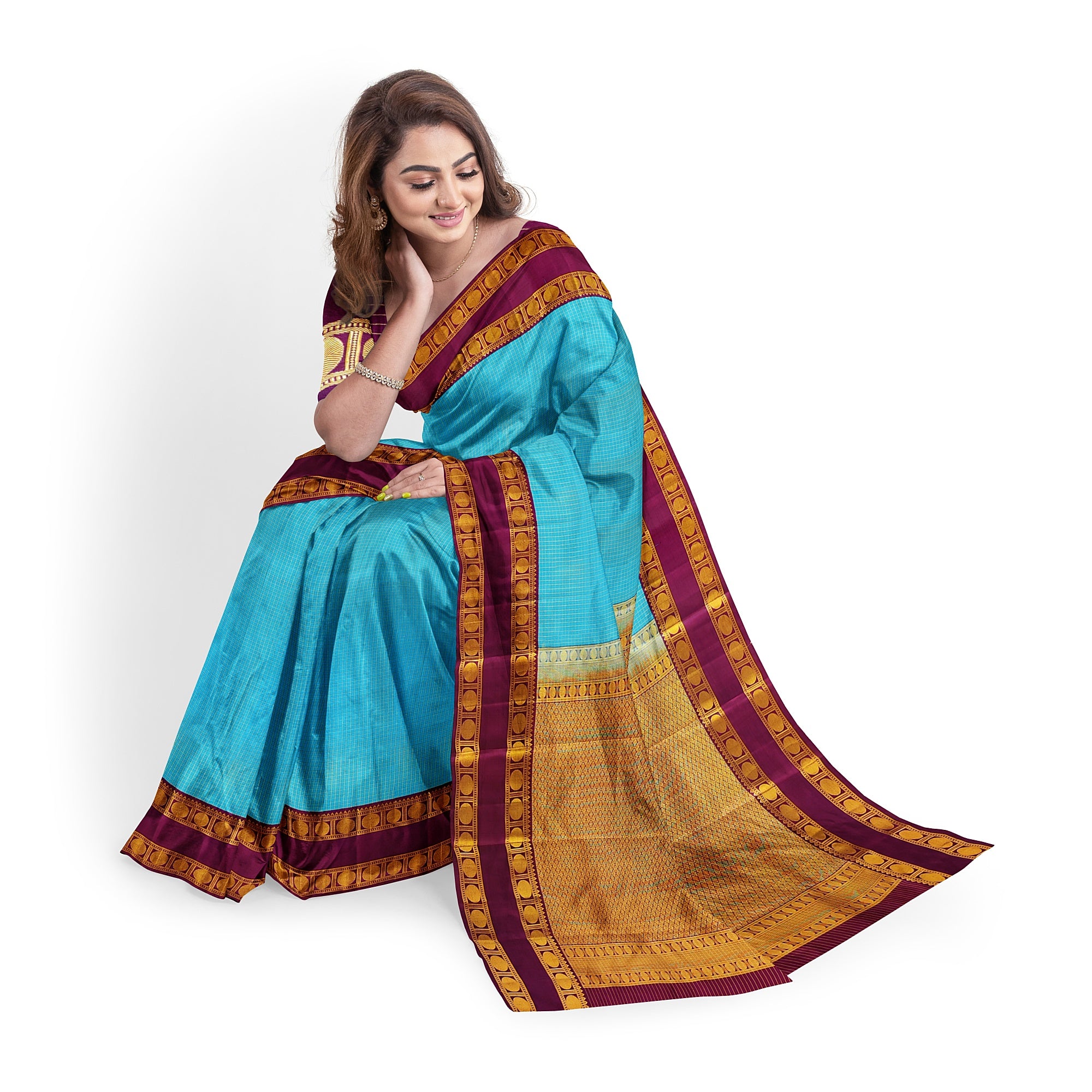 Blue Kanjivaram Silk Saree with maroon Zari Border – Pure Handloom Bridal Saree Online - New Sudarshan Silks`