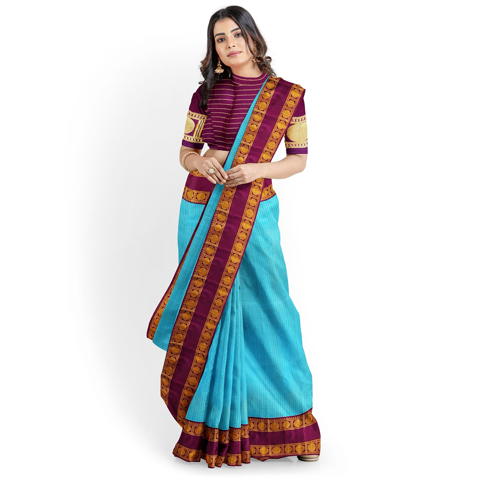 Blue Kanjivaram Silk Saree with maroon Zari Border – Pure Handloom Bridal Saree Online - New Sudarshan Silks`