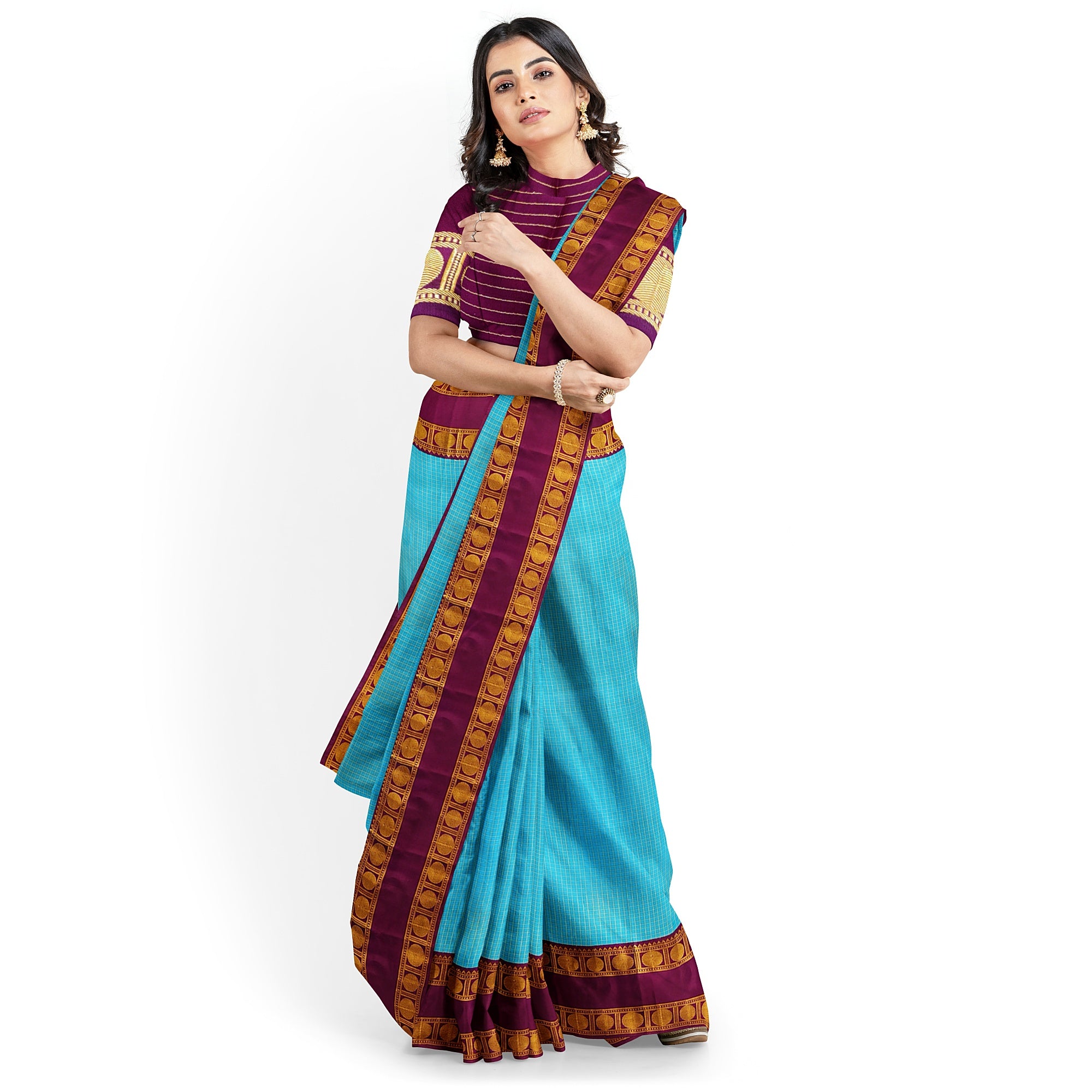 Blue Kanjivaram Silk Saree with maroon Zari Border – Pure Handloom Bridal Saree Online - New Sudarshan Silks`
