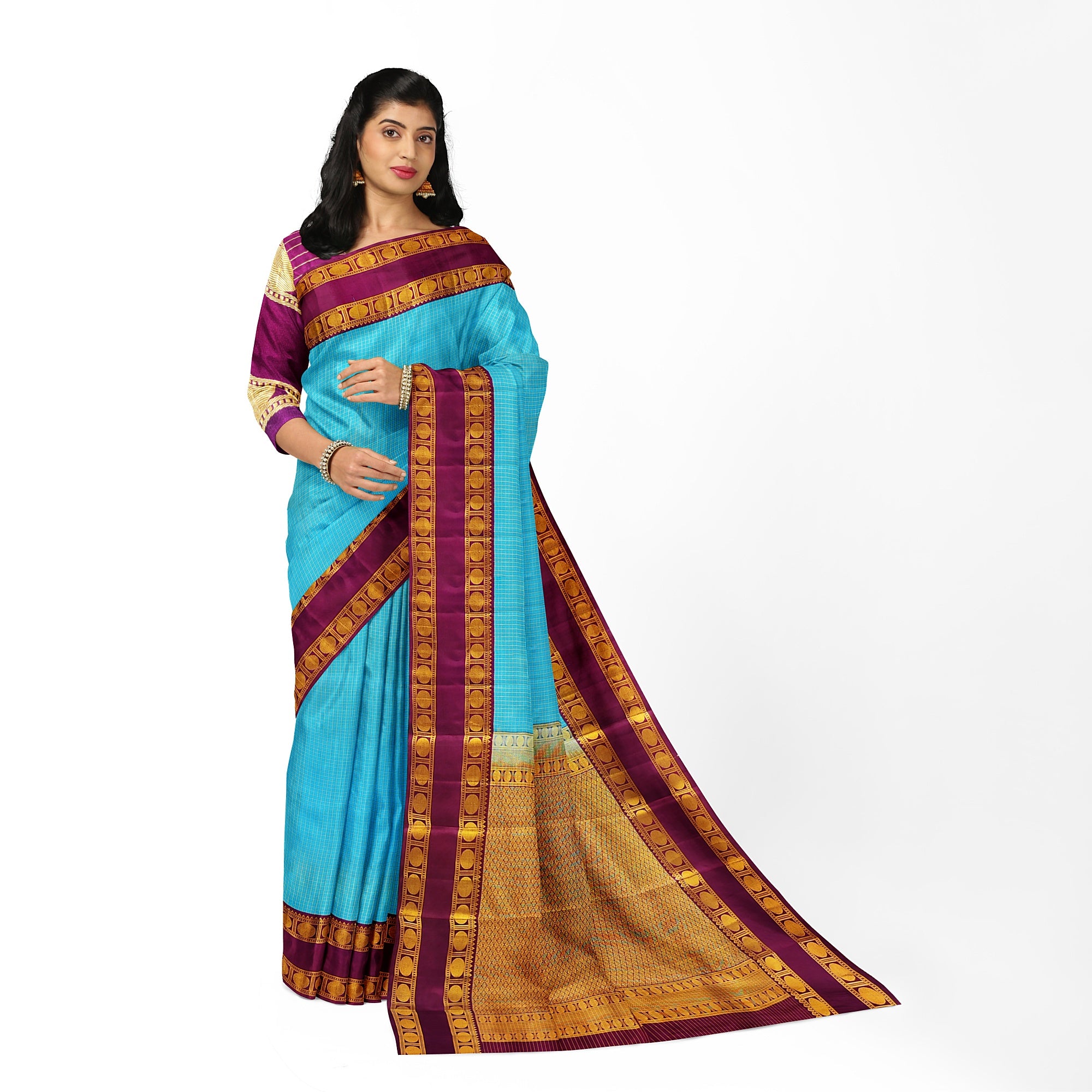 Blue Kanjivaram Silk Saree with maroon Zari Border – Pure Handloom Bridal Saree Online - New Sudarshan Silks`