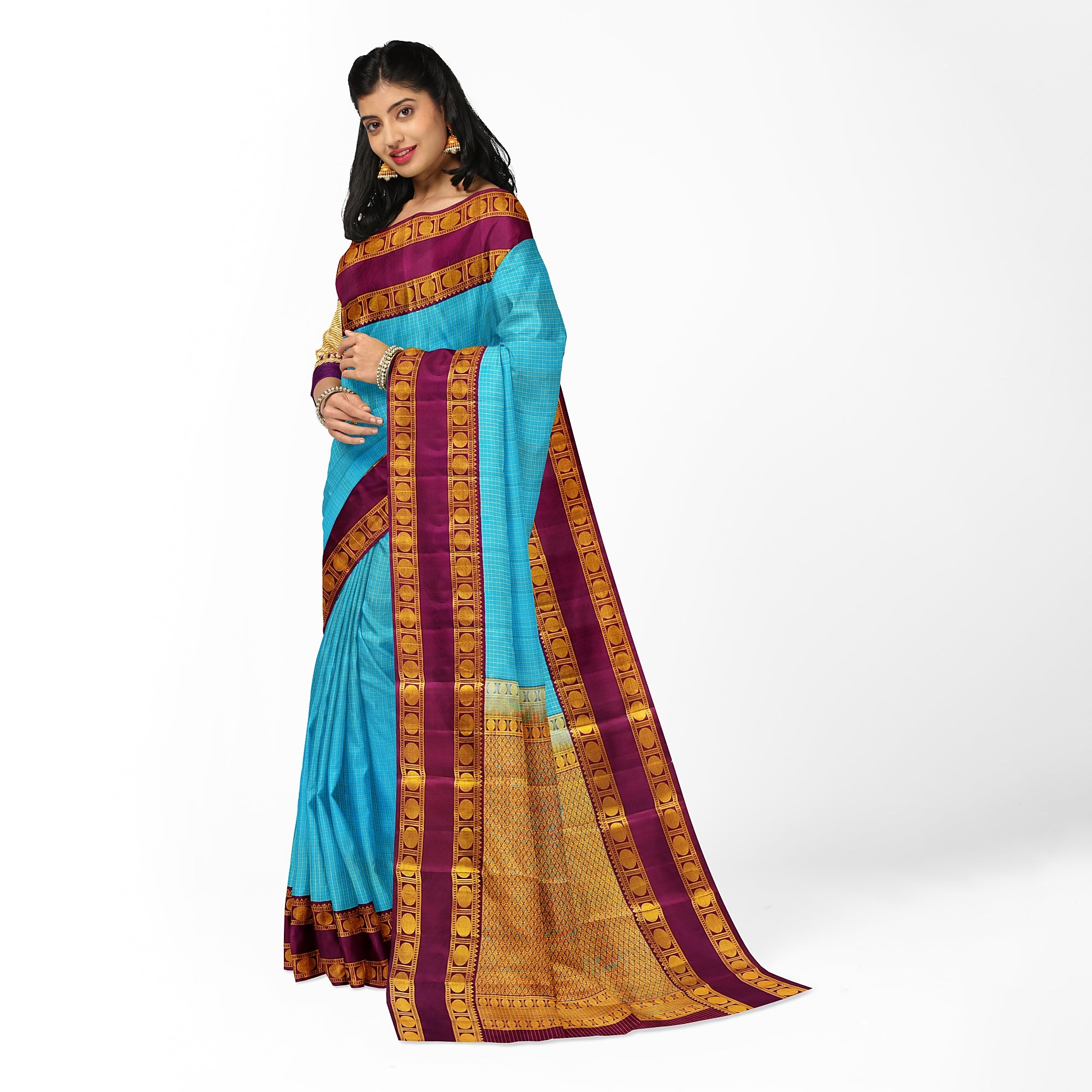 Blue Kanjivaram Silk Saree with maroon Zari Border – Pure Handloom Bridal Saree Online - New Sudarshan Silks`