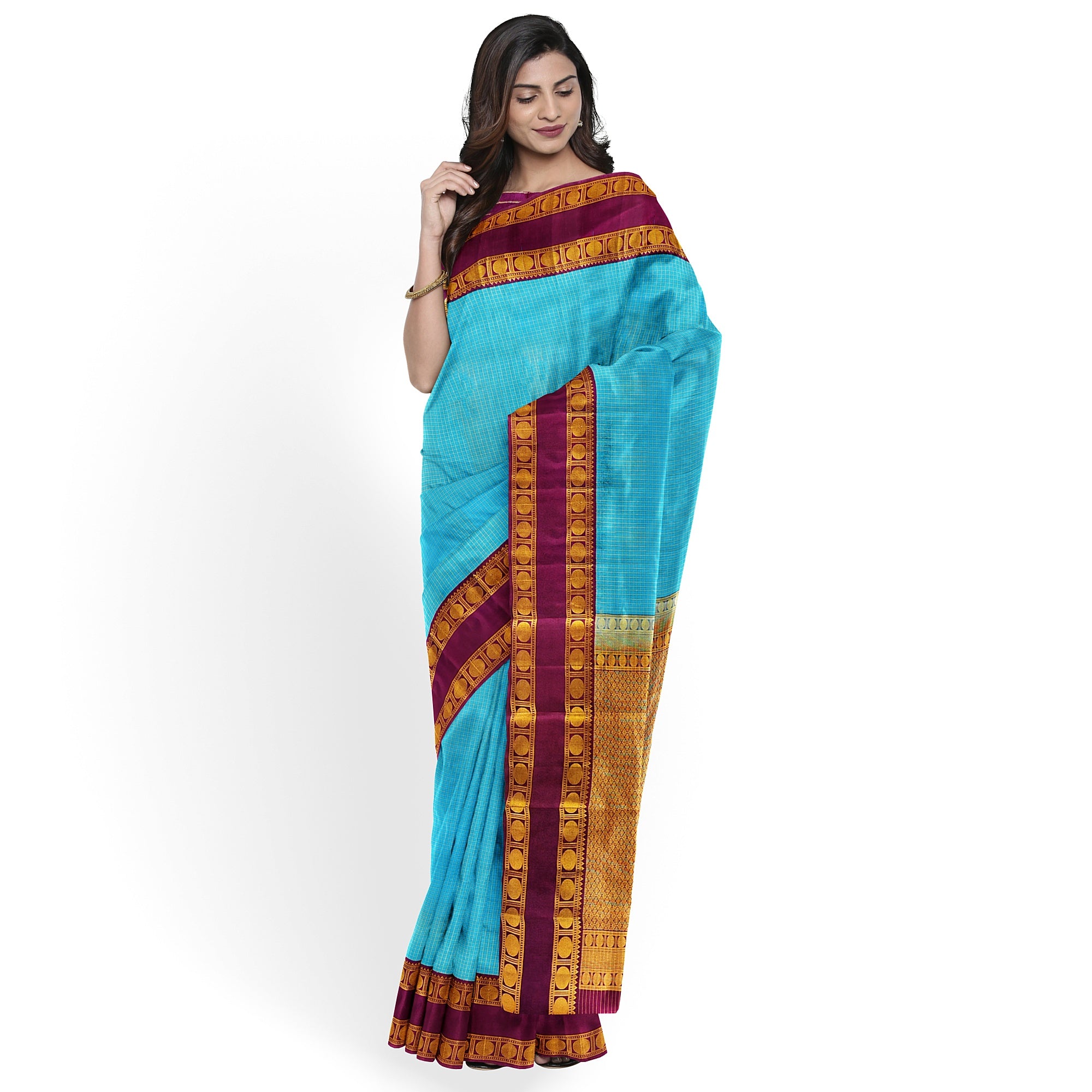 Blue Kanjivaram Silk Saree with maroon Zari Border – Pure Handloom Bridal Saree Online - New Sudarshan Silks`