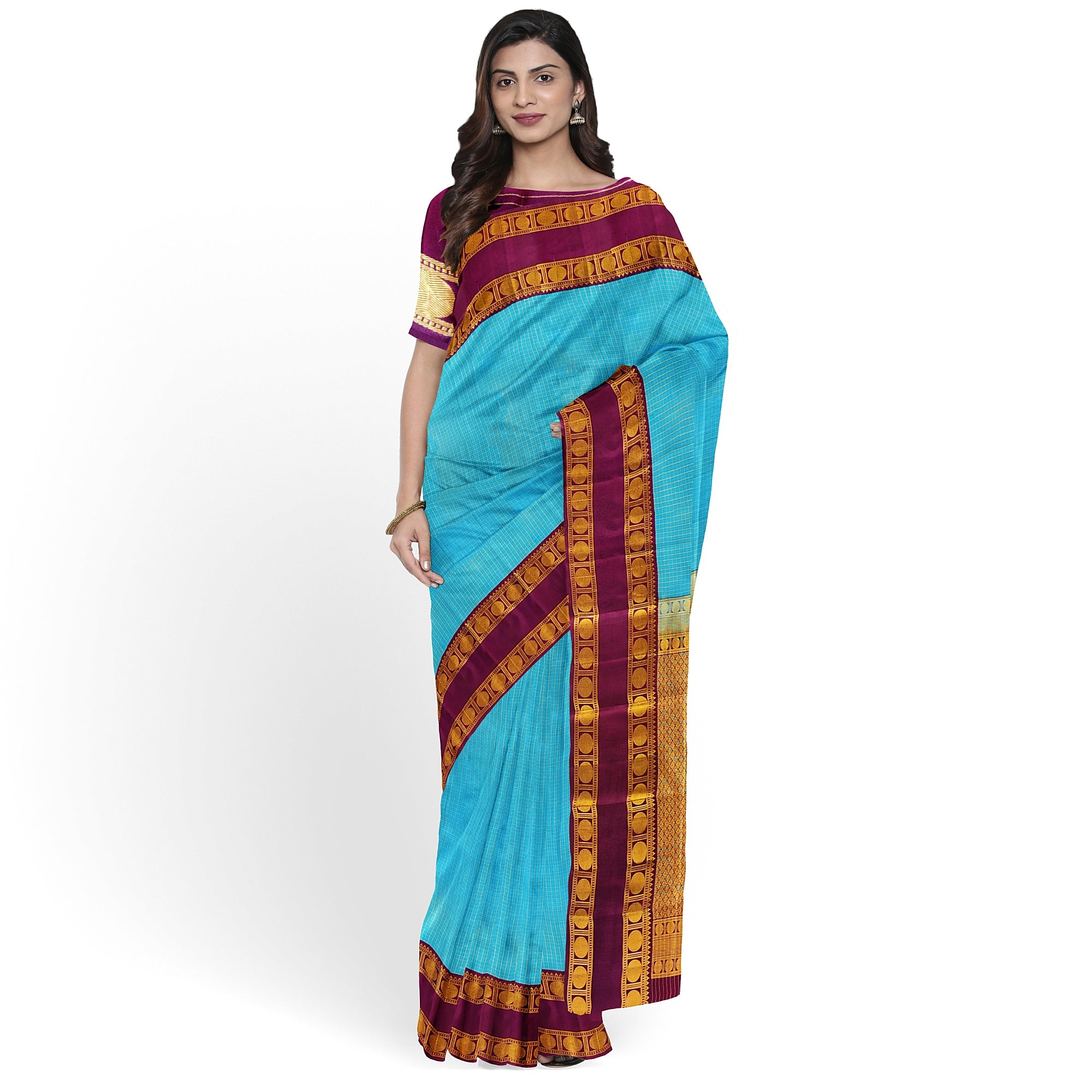 Blue Kanjivaram Silk Saree with maroon Zari Border – Pure Handloom Bridal Saree Online - New Sudarshan Silks`