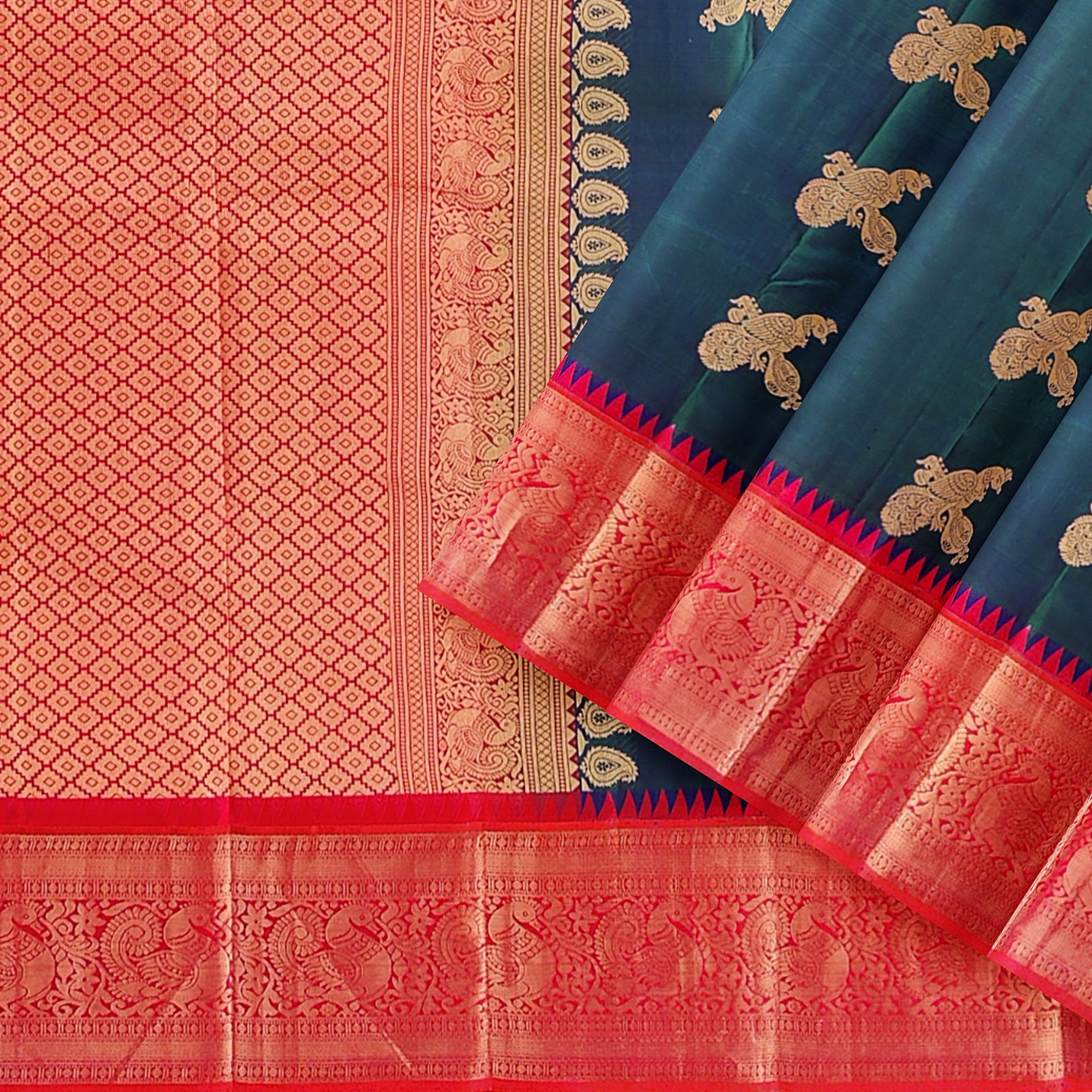 Peacock Blue Kanjivaram Silk Saree with Radium Pink Temple Border – Pure Handloom Bridal Saree Online - New Sudarshan Silks`