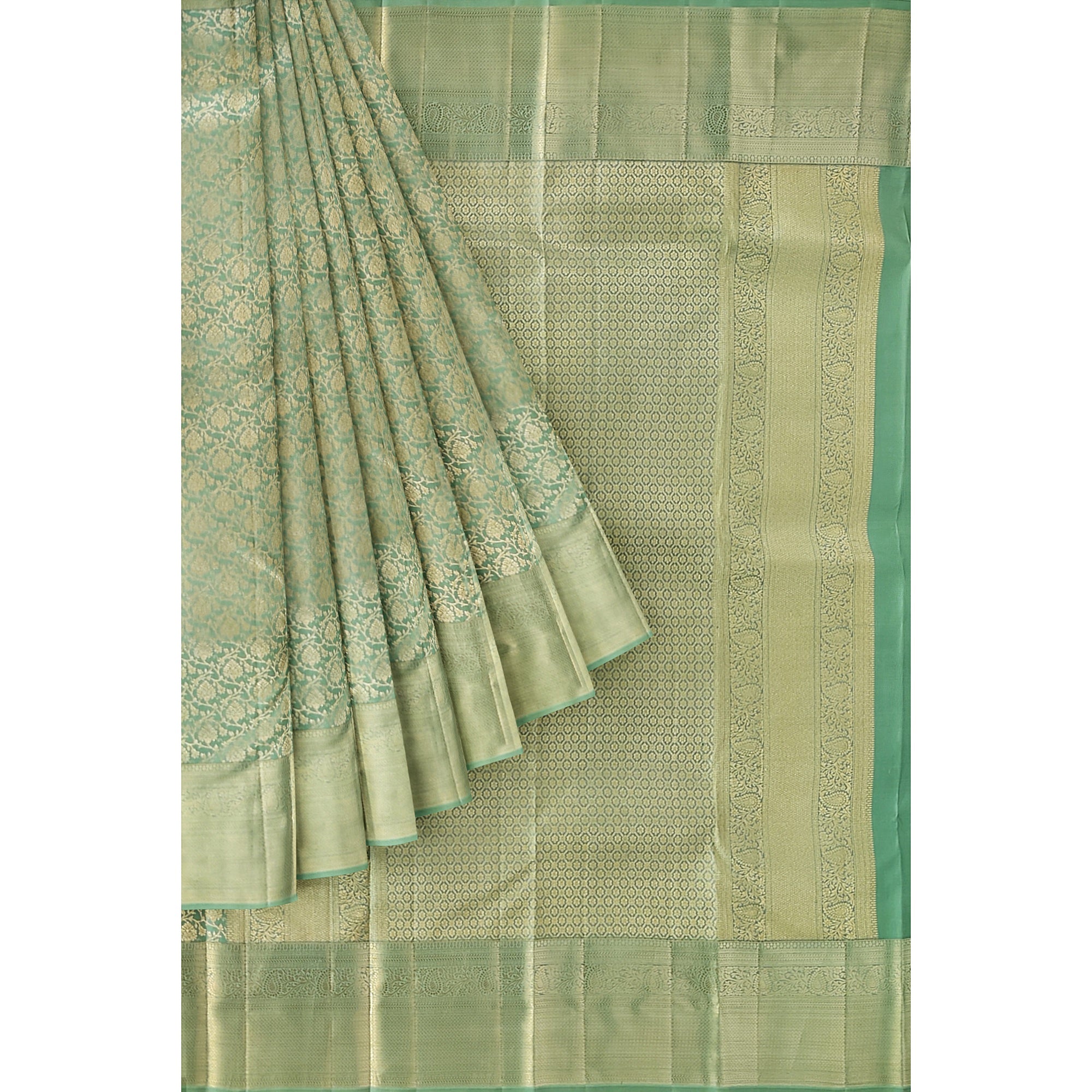 Pista Green Brocade Kanjivaram Silk Saree – Pure Zari Woven Handloom Saree for Weddings Online - New Sudarshan Silks`