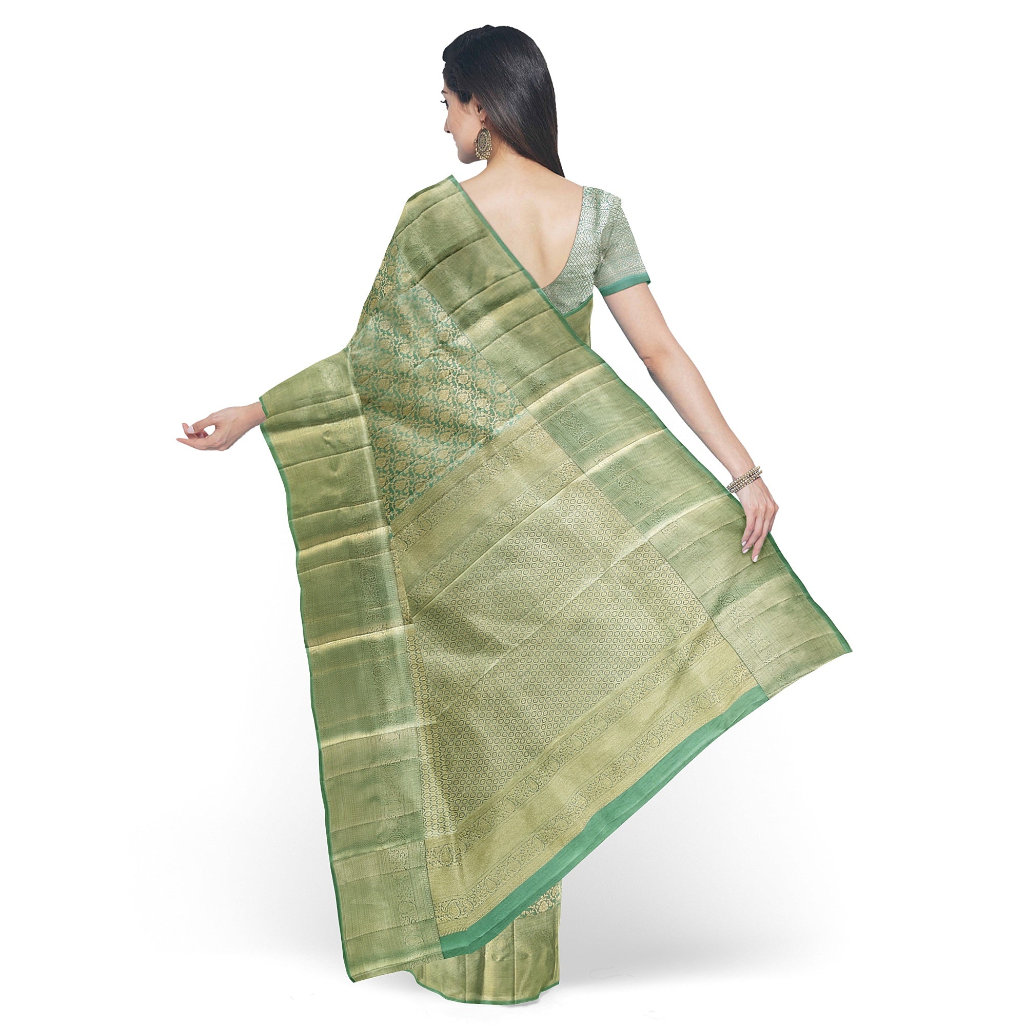 Pista Green Brocade Kanjivaram Silk Saree – Pure Zari Woven Handloom Saree for Weddings Online - New Sudarshan Silks`