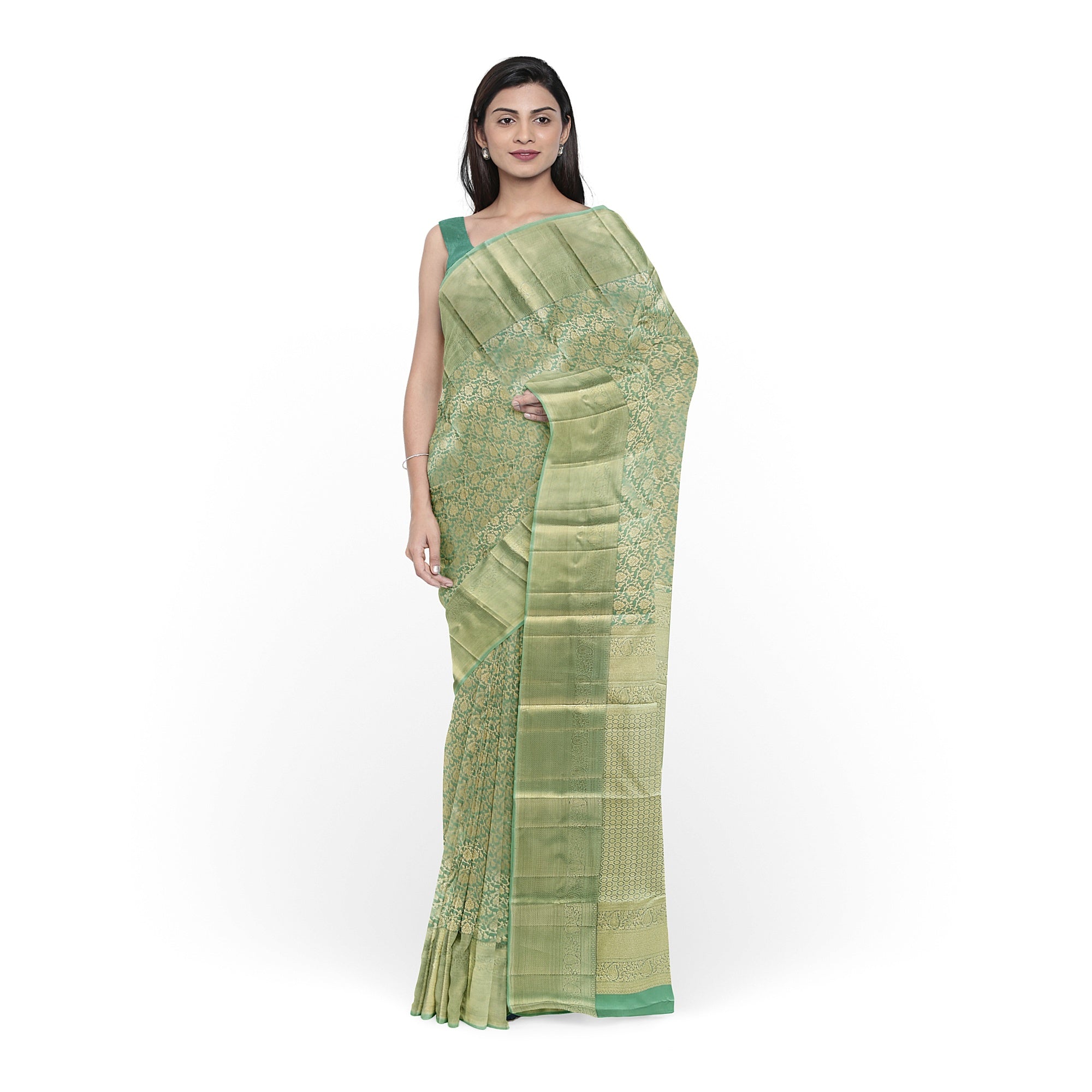 Pista Green Brocade Kanjivaram Silk Saree – Pure Zari Woven Handloom Saree for Weddings Online - New Sudarshan Silks`