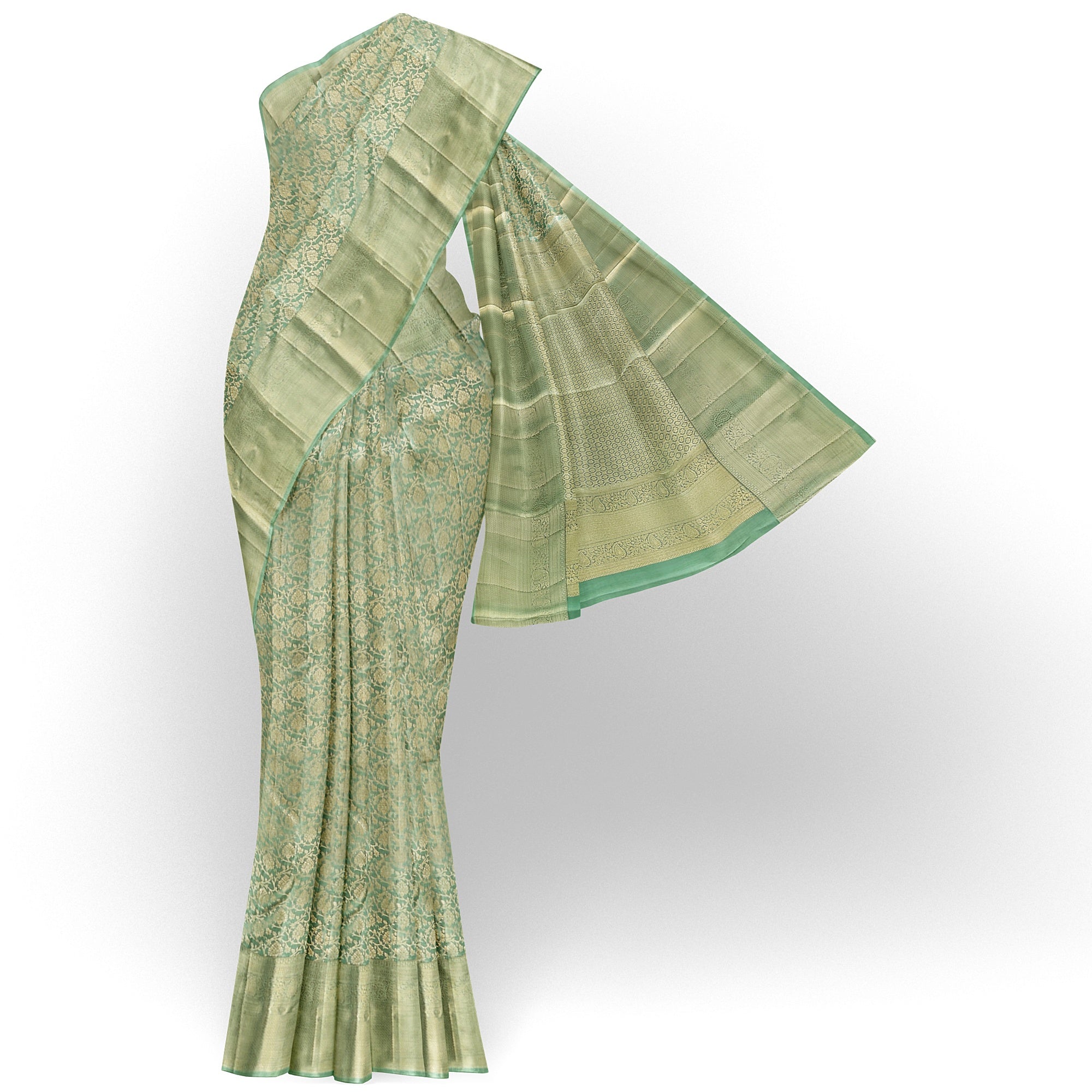 Pista Green Brocade Kanjivaram Silk Saree – Pure Zari Woven Handloom Saree for Weddings Online - New Sudarshan Silks`