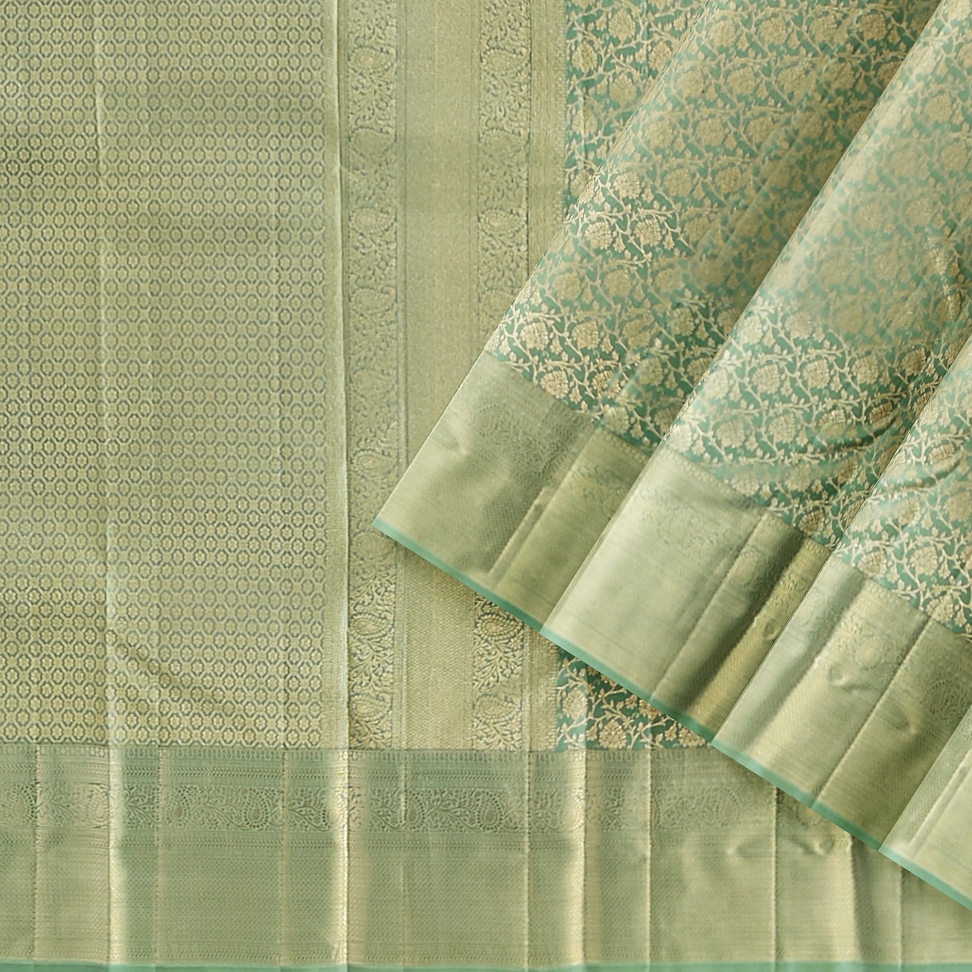 Pista Green Brocade Kanjivaram Silk Saree – Pure Zari Woven Handloom Saree for Weddings Online - New Sudarshan Silks`