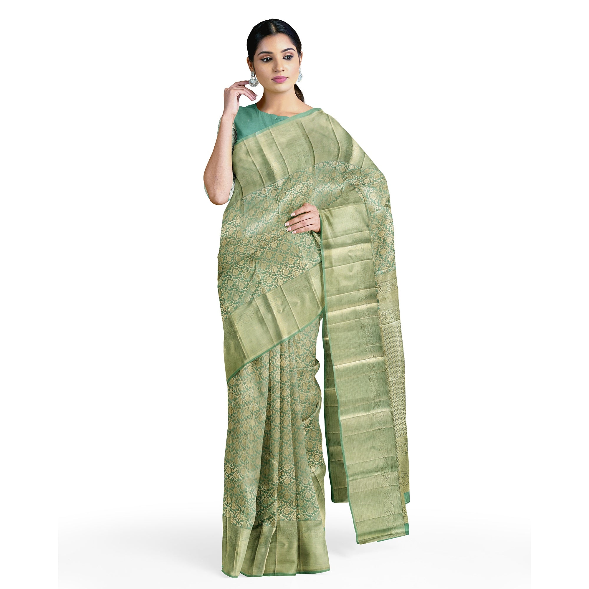 Pista Green Brocade Kanjivaram Silk Saree – Pure Zari Woven Handloom Saree for Weddings Online - New Sudarshan Silks`