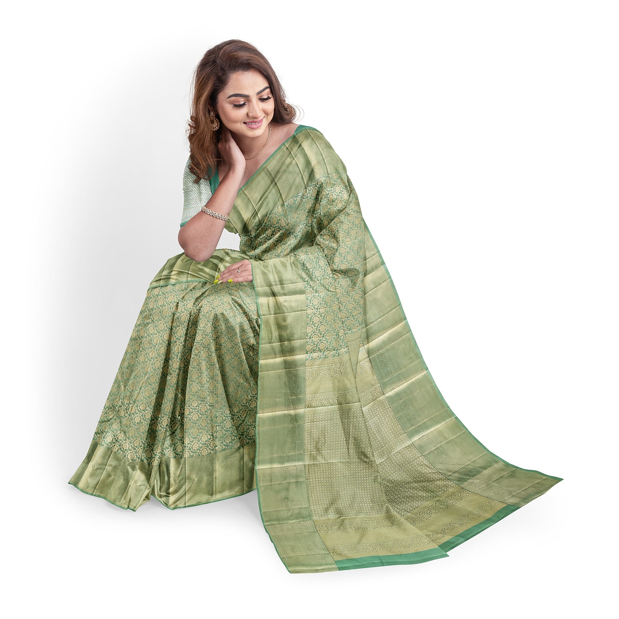 Pista Green Brocade Kanjivaram Silk Saree – Pure Zari Woven Handloom Saree for Weddings Online - New Sudarshan Silks`