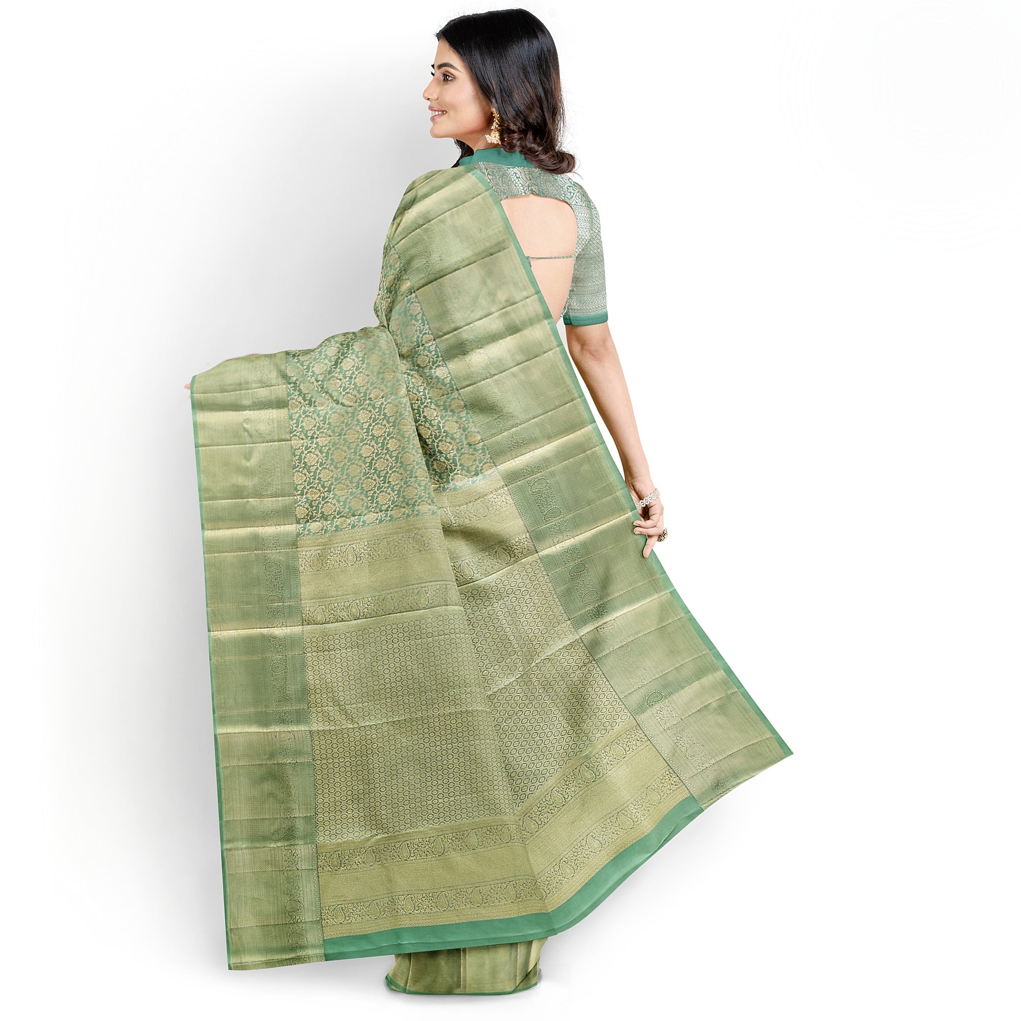 Pista Green Brocade Kanjivaram Silk Saree – Pure Zari Woven Handloom Saree for Weddings Online - New Sudarshan Silks`