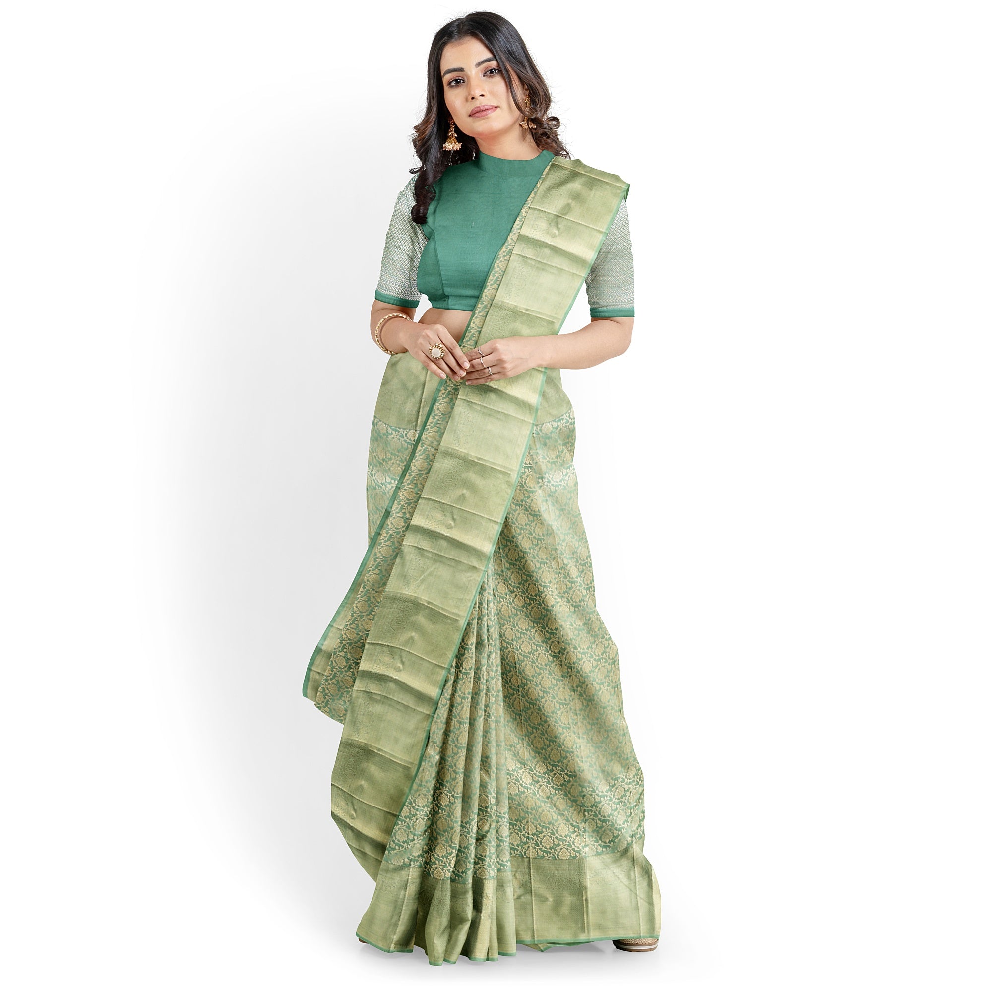 Pista Green Brocade Kanjivaram Silk Saree – Pure Zari Woven Handloom Saree for Weddings Online - New Sudarshan Silks`