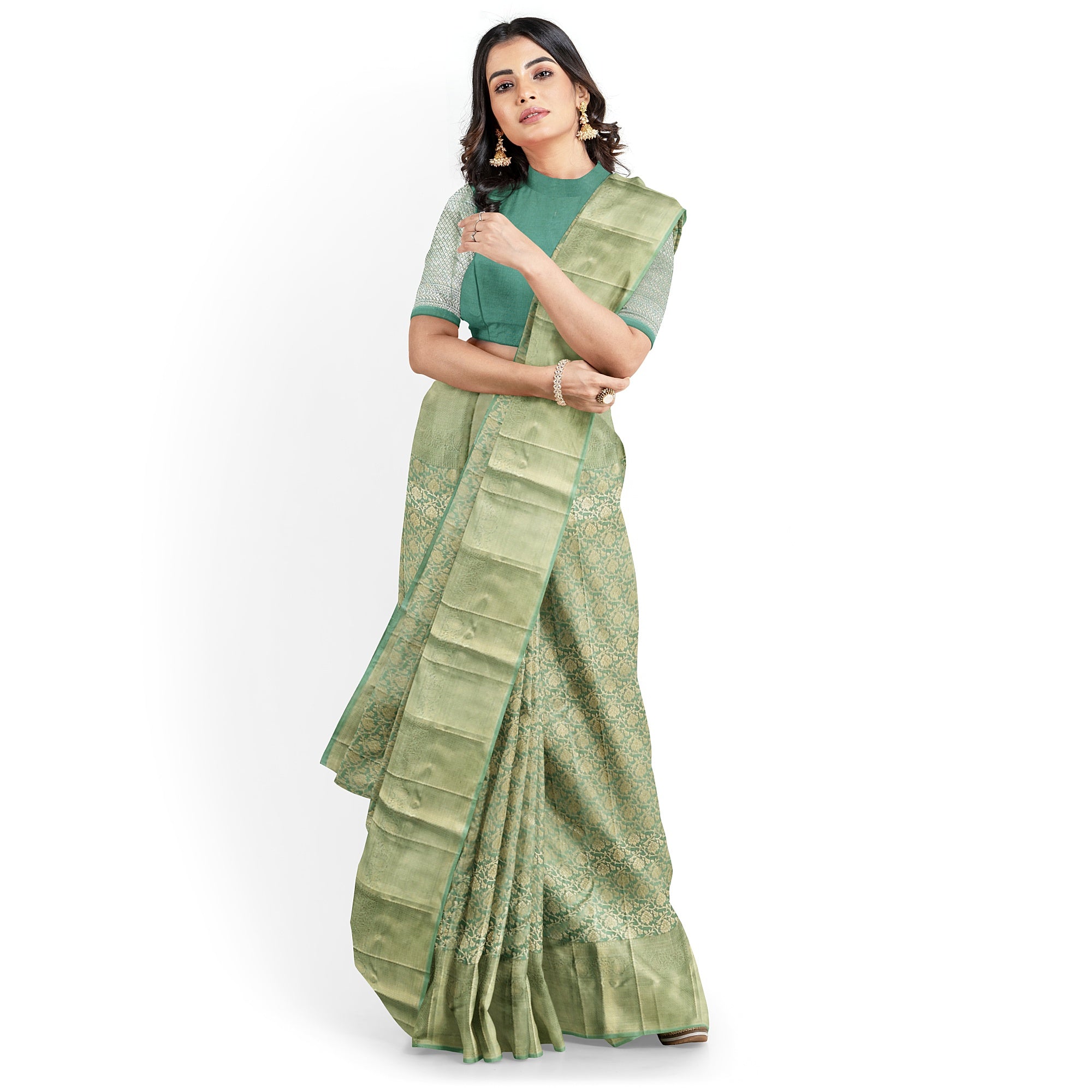 Pista Green Brocade Kanjivaram Silk Saree – Pure Zari Woven Handloom Saree for Weddings Online - New Sudarshan Silks`