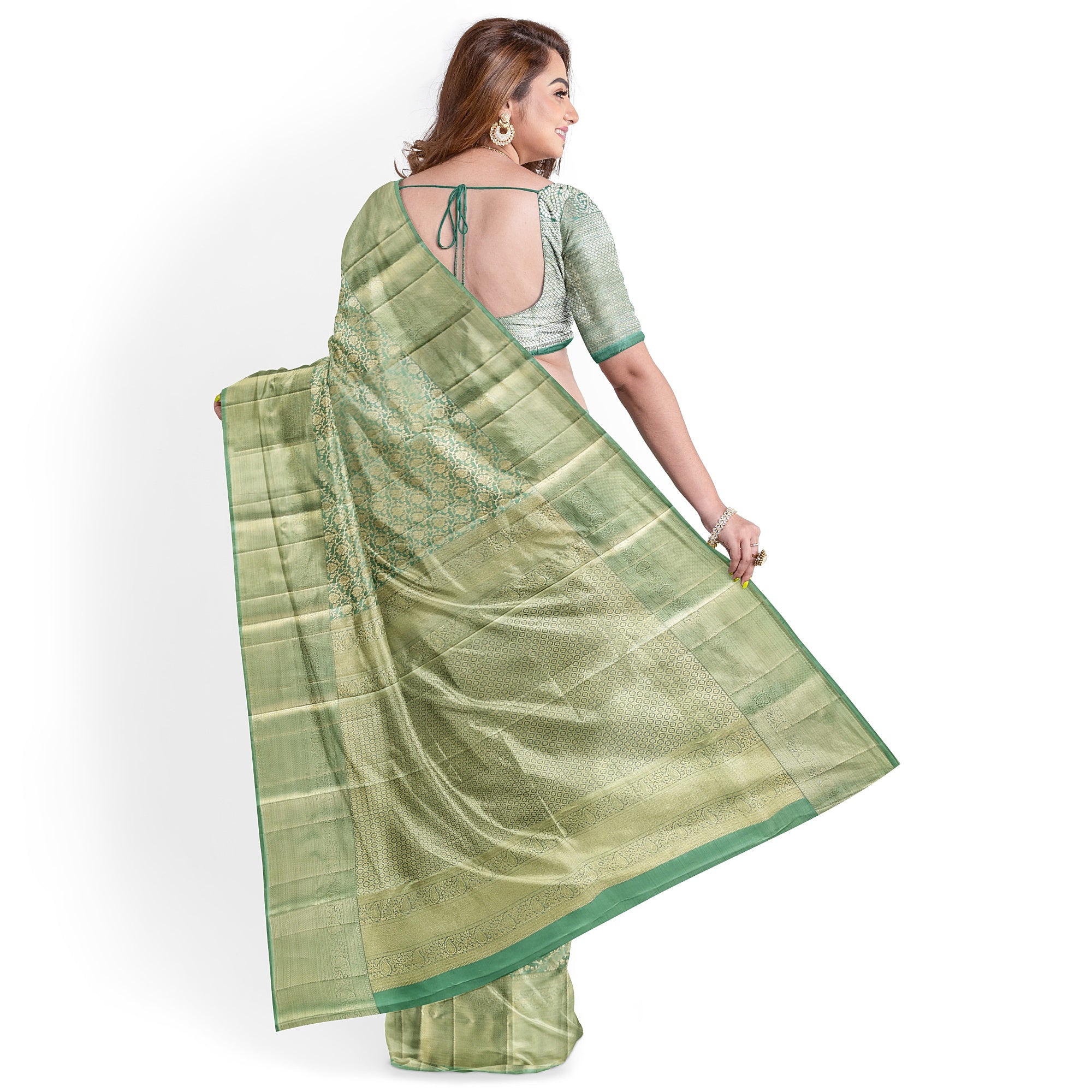 Pista Green Brocade Kanjivaram Silk Saree – Pure Zari Woven Handloom Saree for Weddings Online - New Sudarshan Silks`