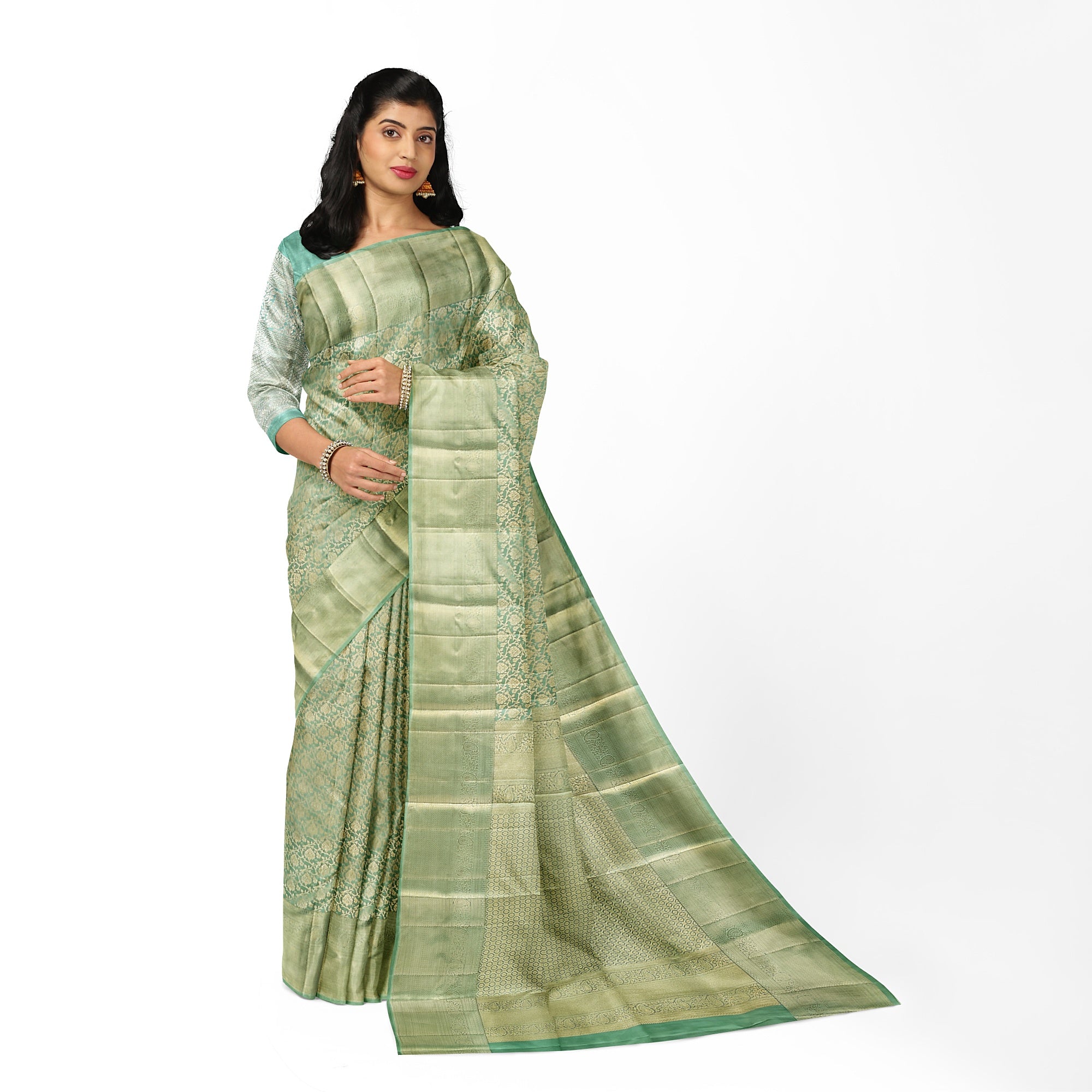Pista Green Brocade Kanjivaram Silk Saree – Pure Zari Woven Handloom Saree for Weddings Online - New Sudarshan Silks`