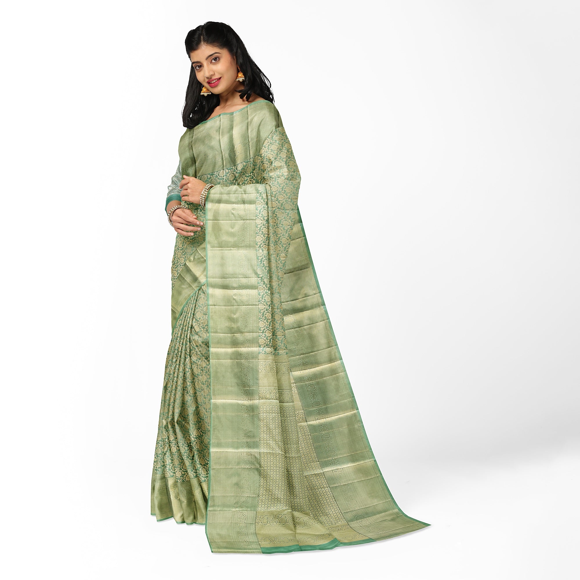 Pista Green Brocade Kanjivaram Silk Saree – Pure Zari Woven Handloom Saree for Weddings Online - New Sudarshan Silks`