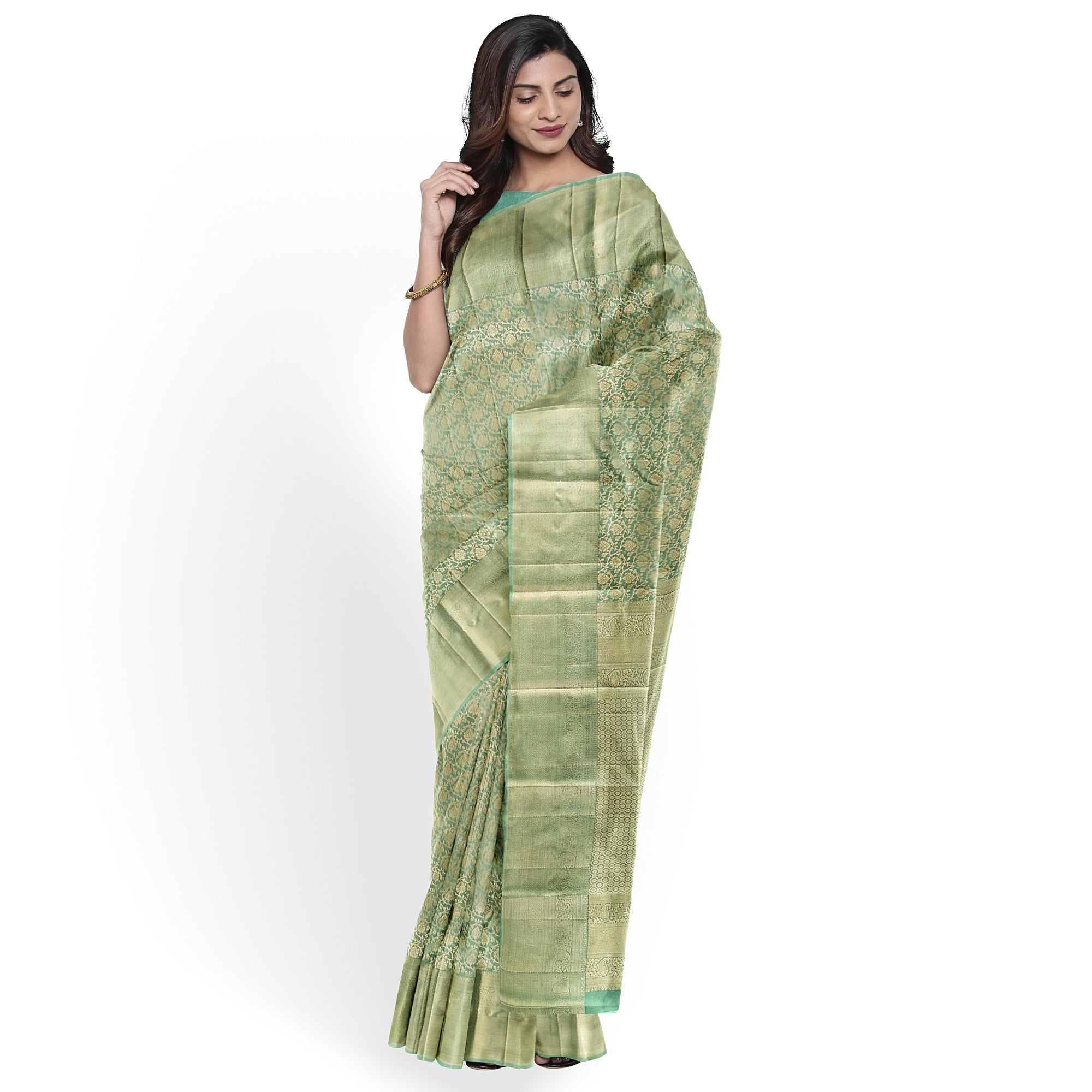 Pista Green Brocade Kanjivaram Silk Saree – Pure Zari Woven Handloom Saree for Weddings Online - New Sudarshan Silks`